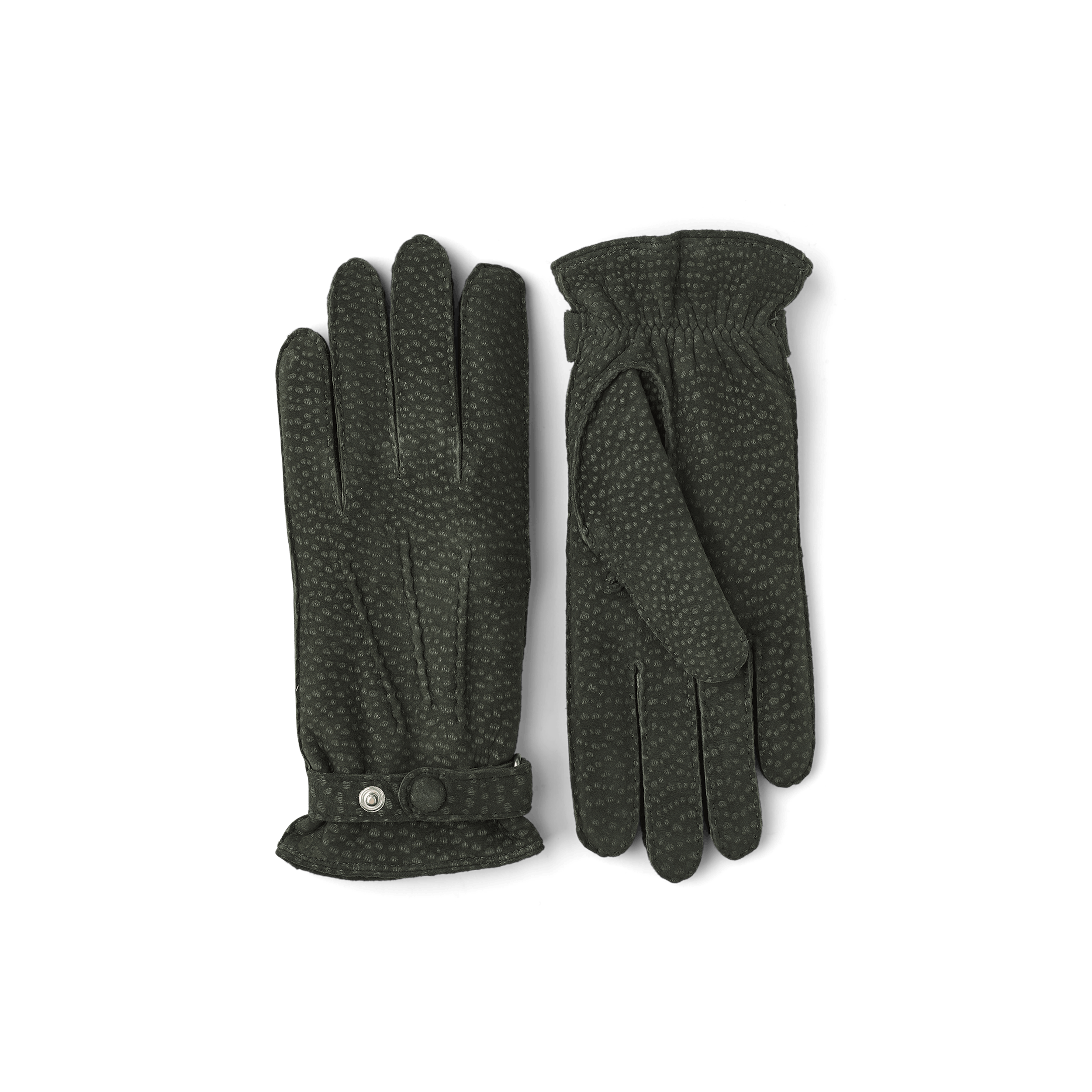 Dark green hand-sewn glove in carpincho nubuck with leather strap and button
 (1 of 4)