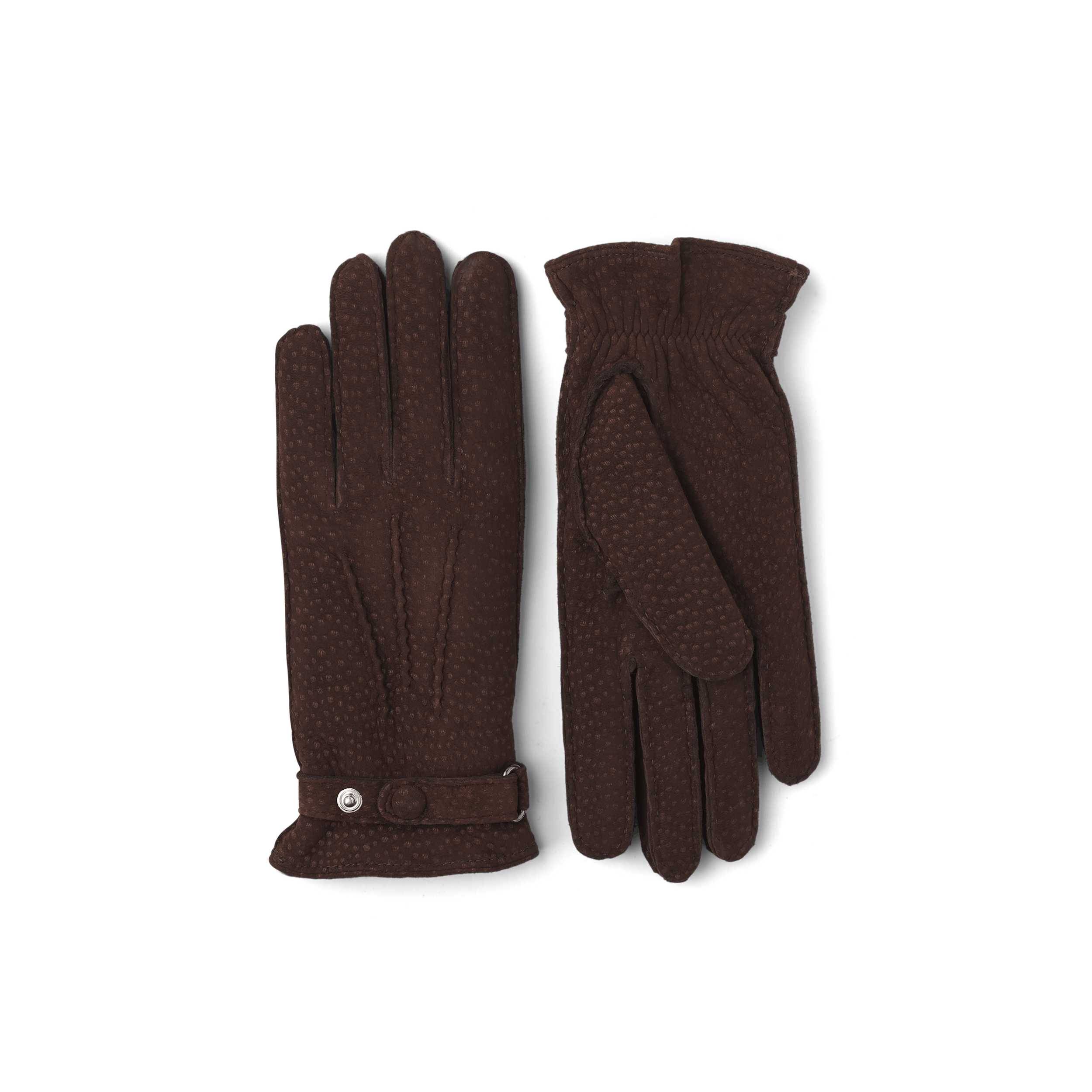 Brauner handgenähter Handschuh aus Carpincho-Nubuk mit Lederriegel und Knopf
(1 oder 4)