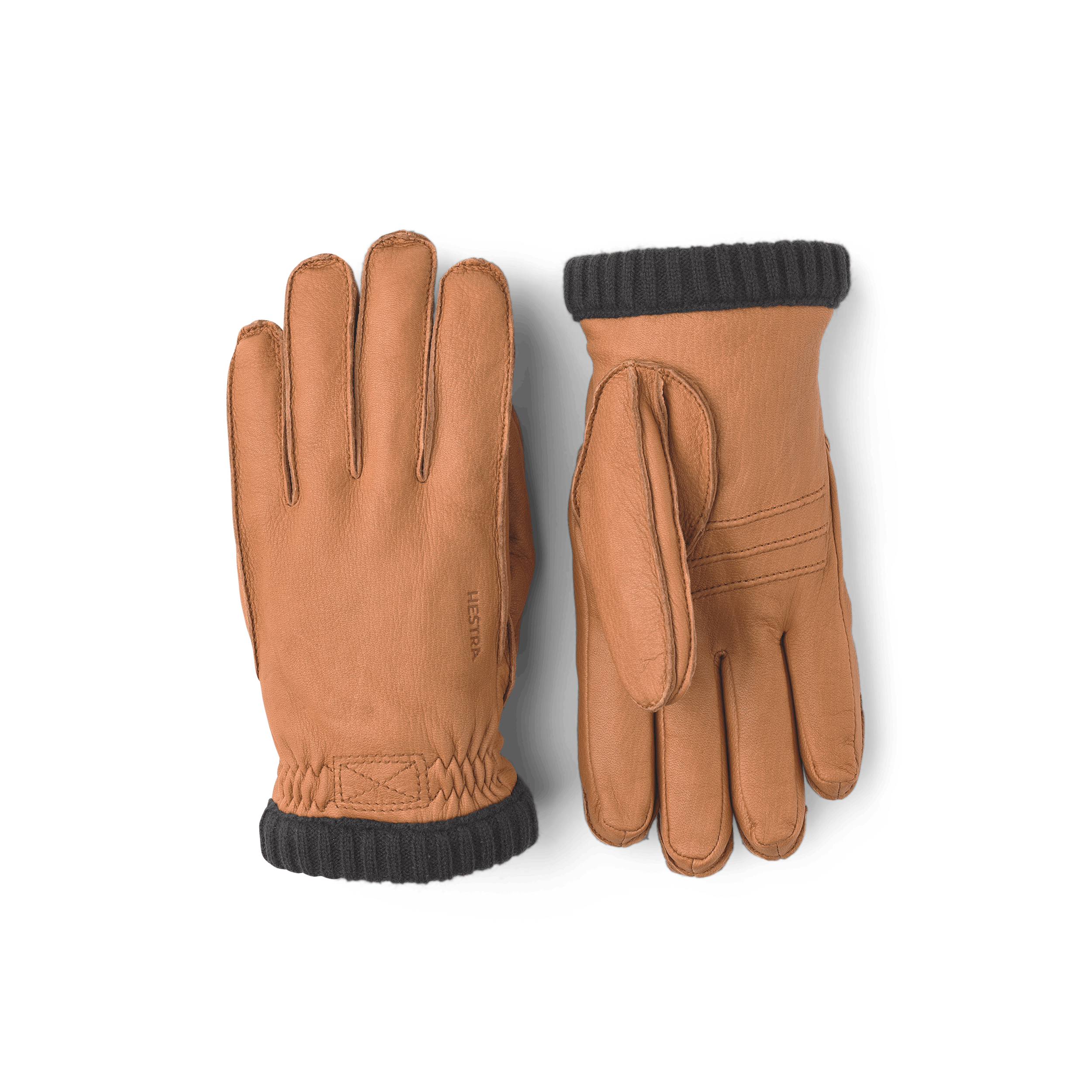 Light brown machine-sewn deerskin glove with knitted cuff
 (1 of 3)