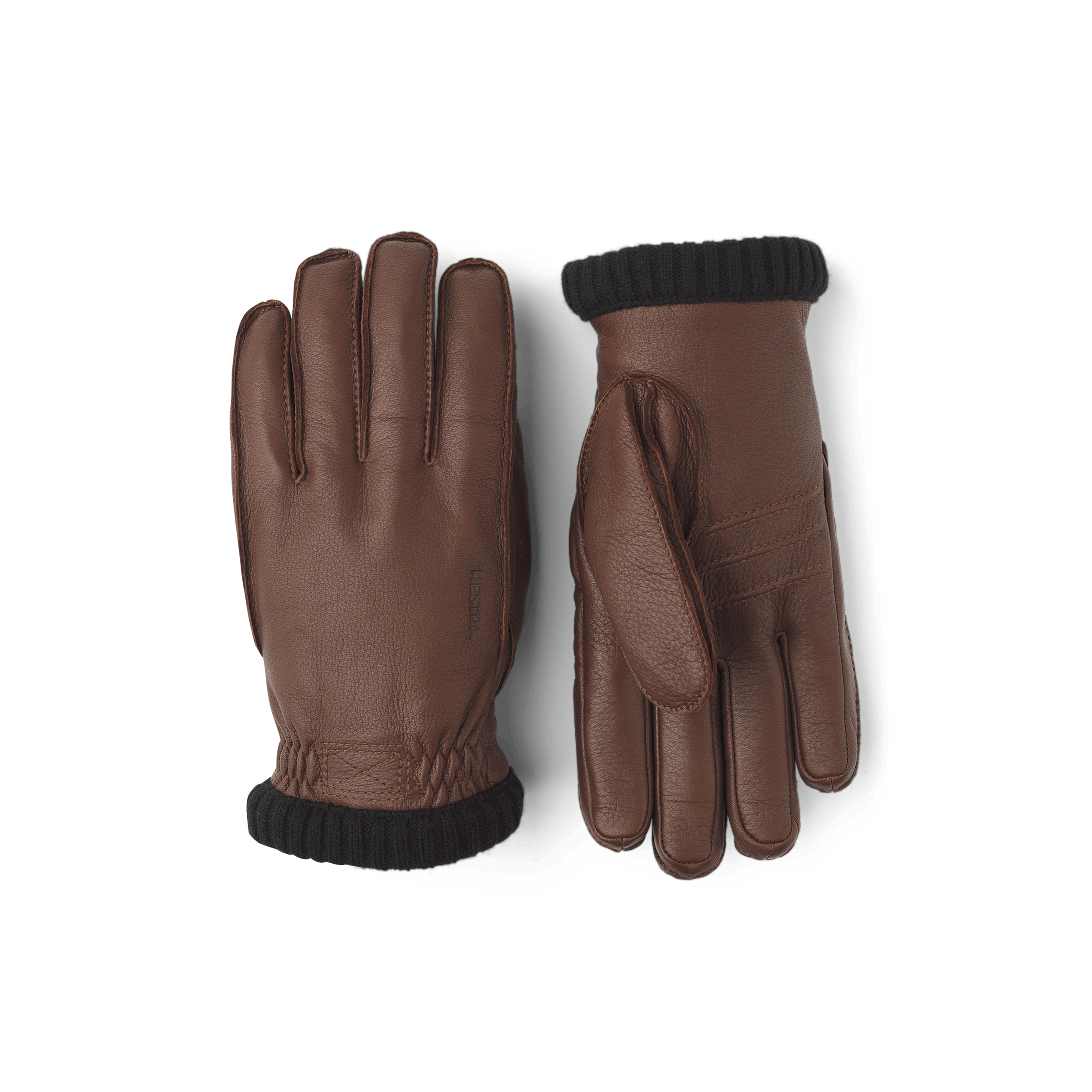 Brun maskinsydd skinnhandske i hjortskinn med stickad mudd
 (1 av 3)