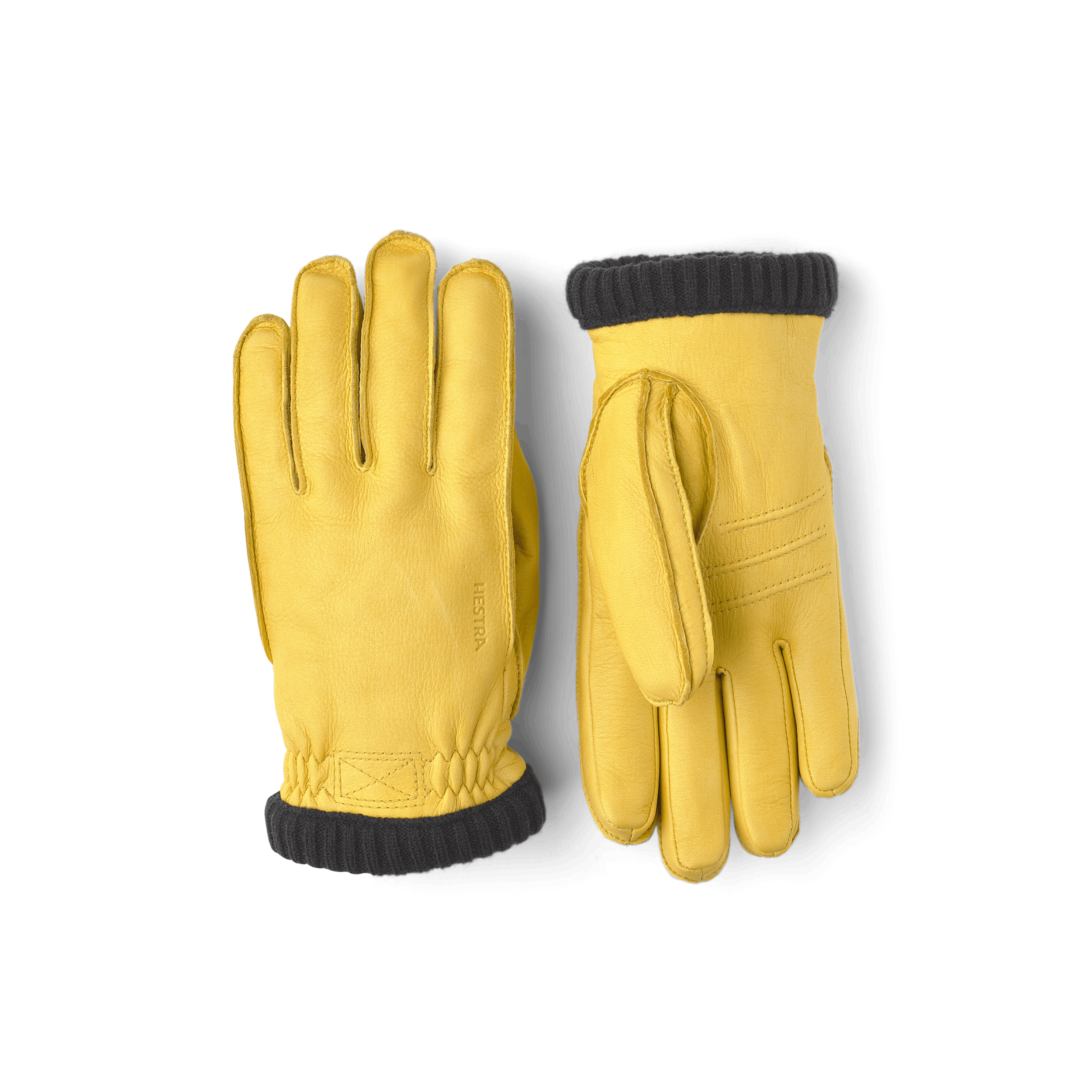 Yellow machine-sewn deerskin glove with knitted cuff
(1 of 3)