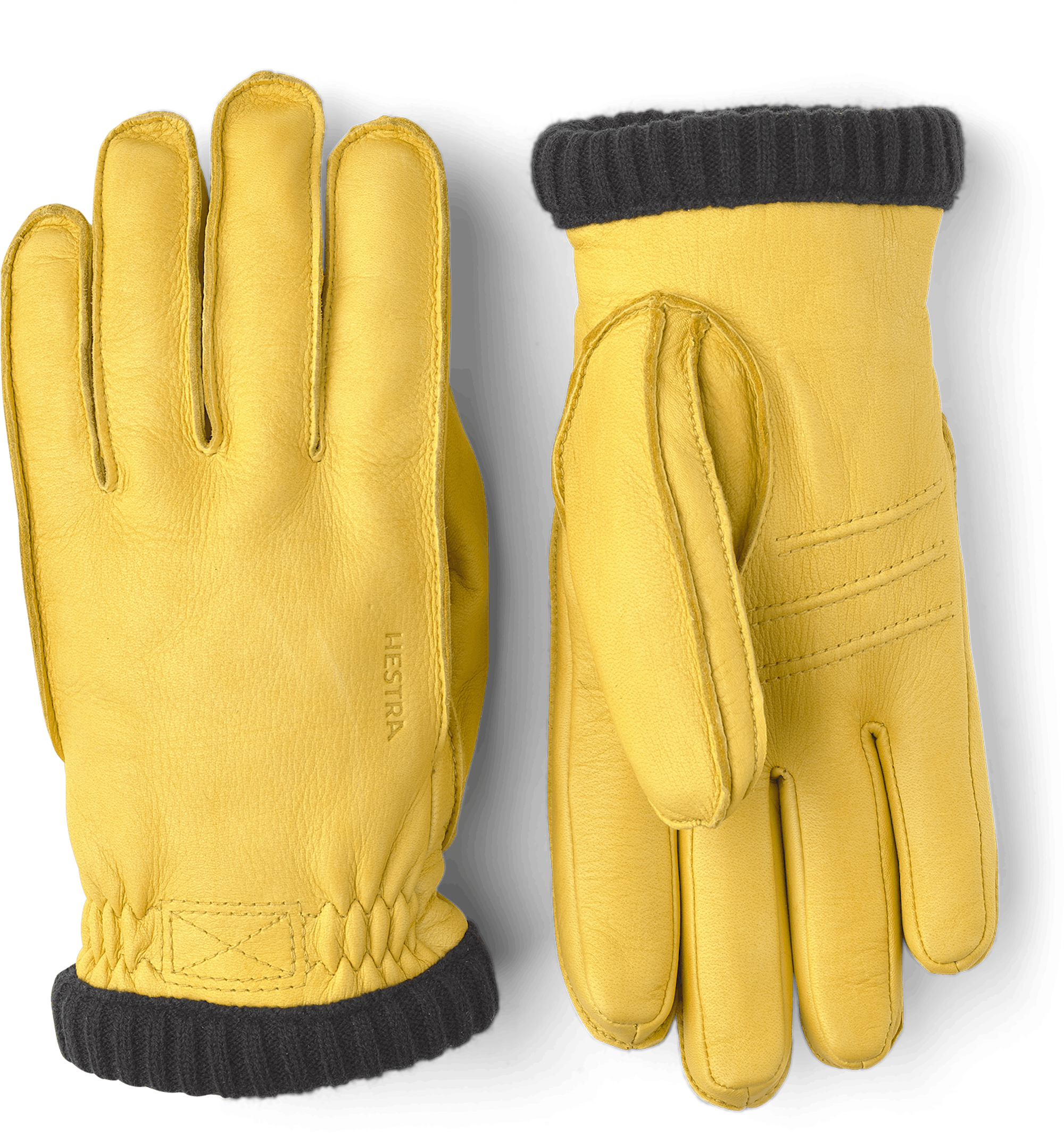Yellow machine-sewn deerskin glove with knitted cuff
(1 of 3)