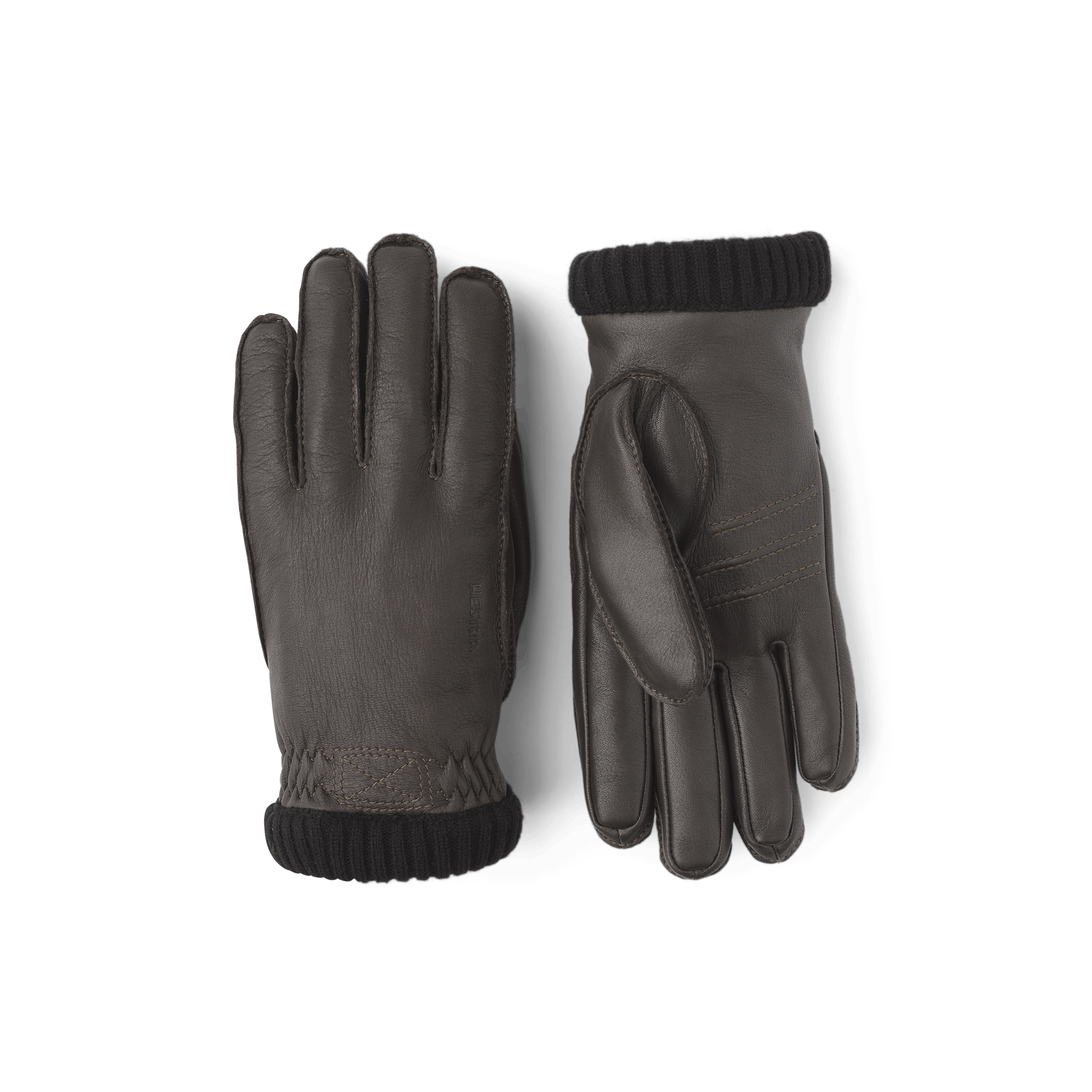 Dark brown machine-sewn deerskin glove with knitted cuff
 (1 of 3)