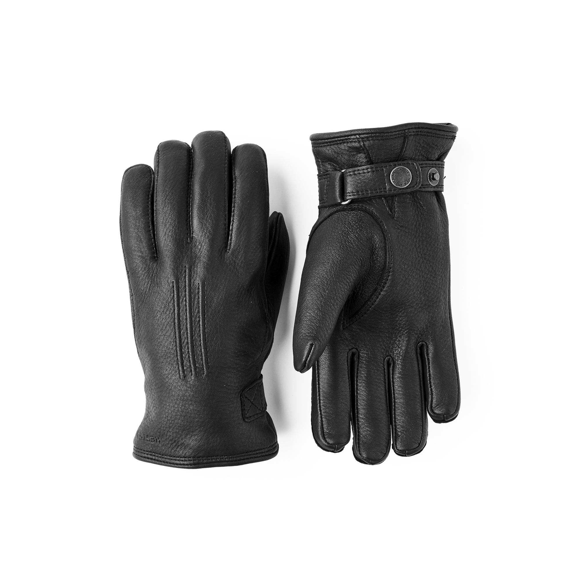 Black machine-sewn deerskin glove with leather strap and button
 (1 of 5)