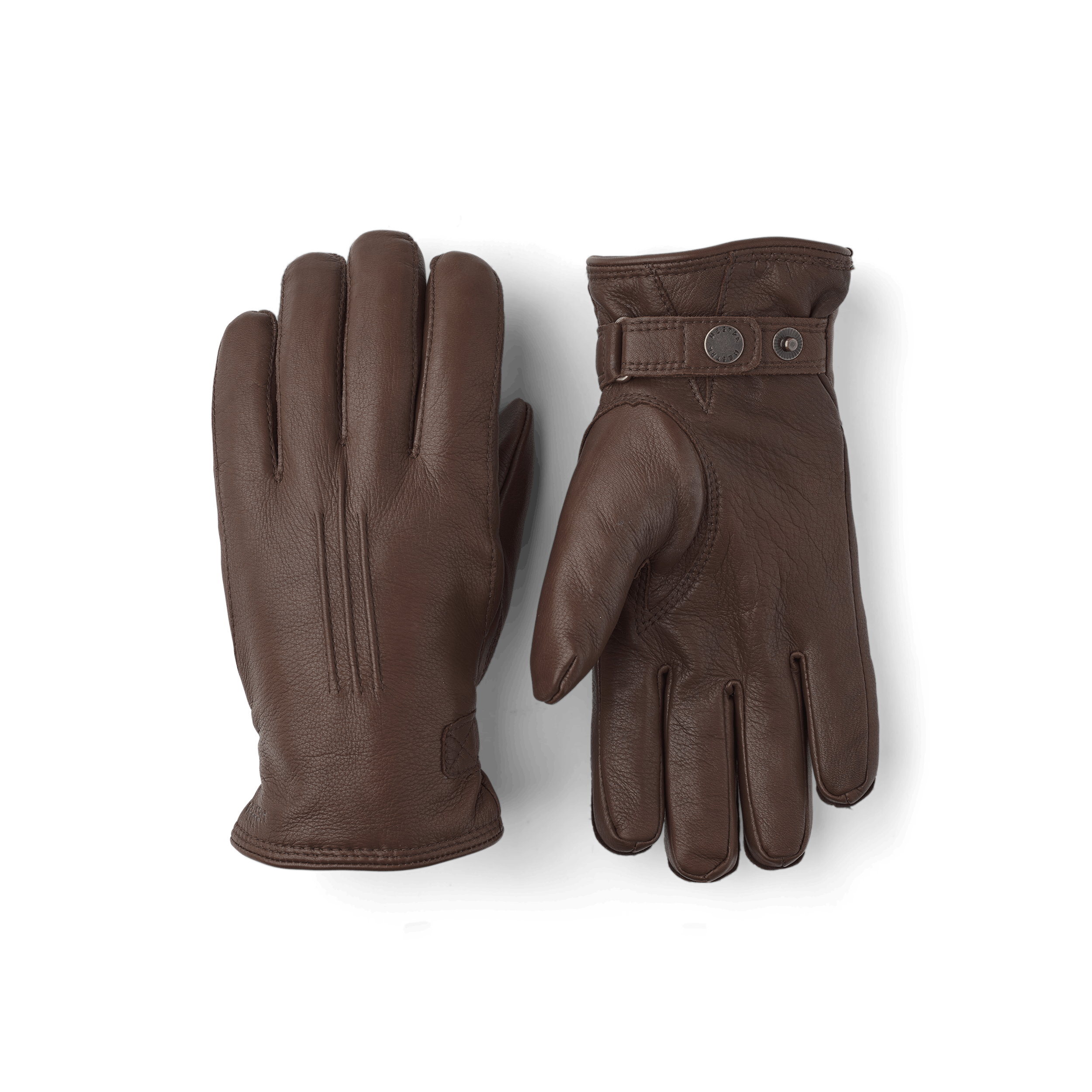 Brown machine-sewn deerskin glove with leather strap and button
 (1 of 5)