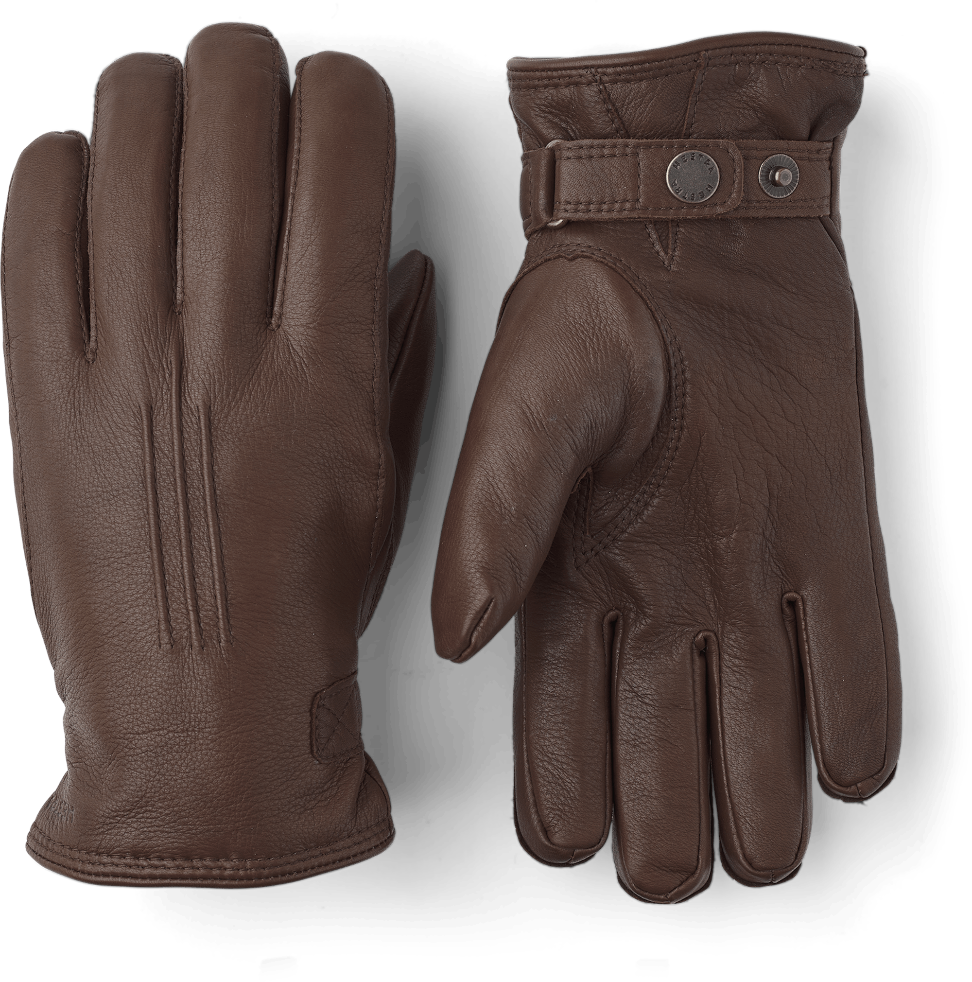 Brauner maschinengenähter Handschuh aus Hirschleder mit Lederriegel und Knopf
(1 oder 5)