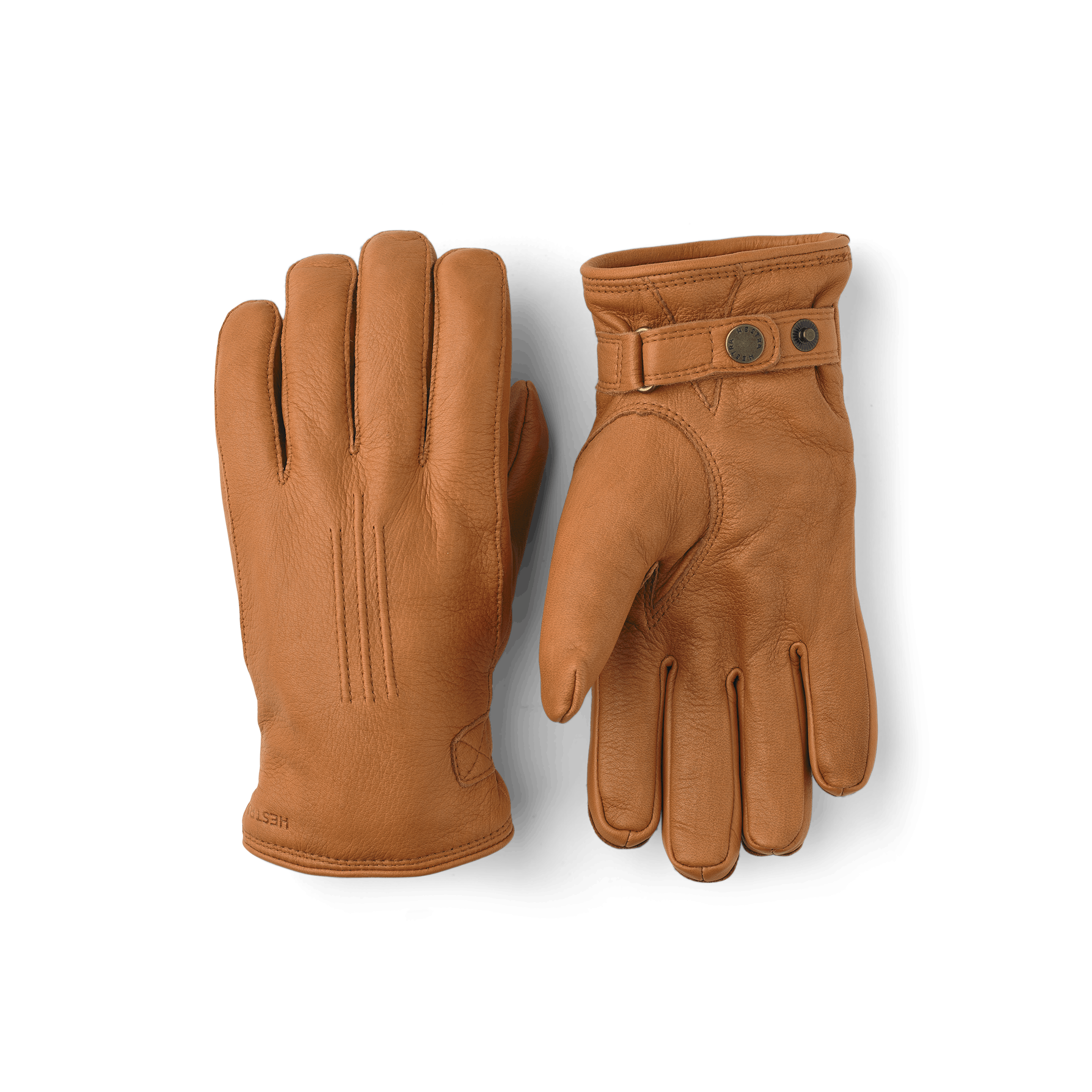 Light brown machine-sewn deerskin glove with leather strap and button
 (1 of 5)
