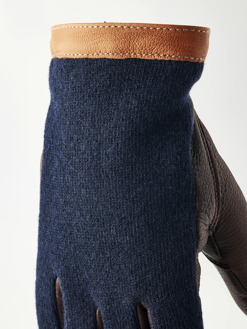 Brown machine-sewn deerskin glove with dark blue wool jersey back
(5 of 6)