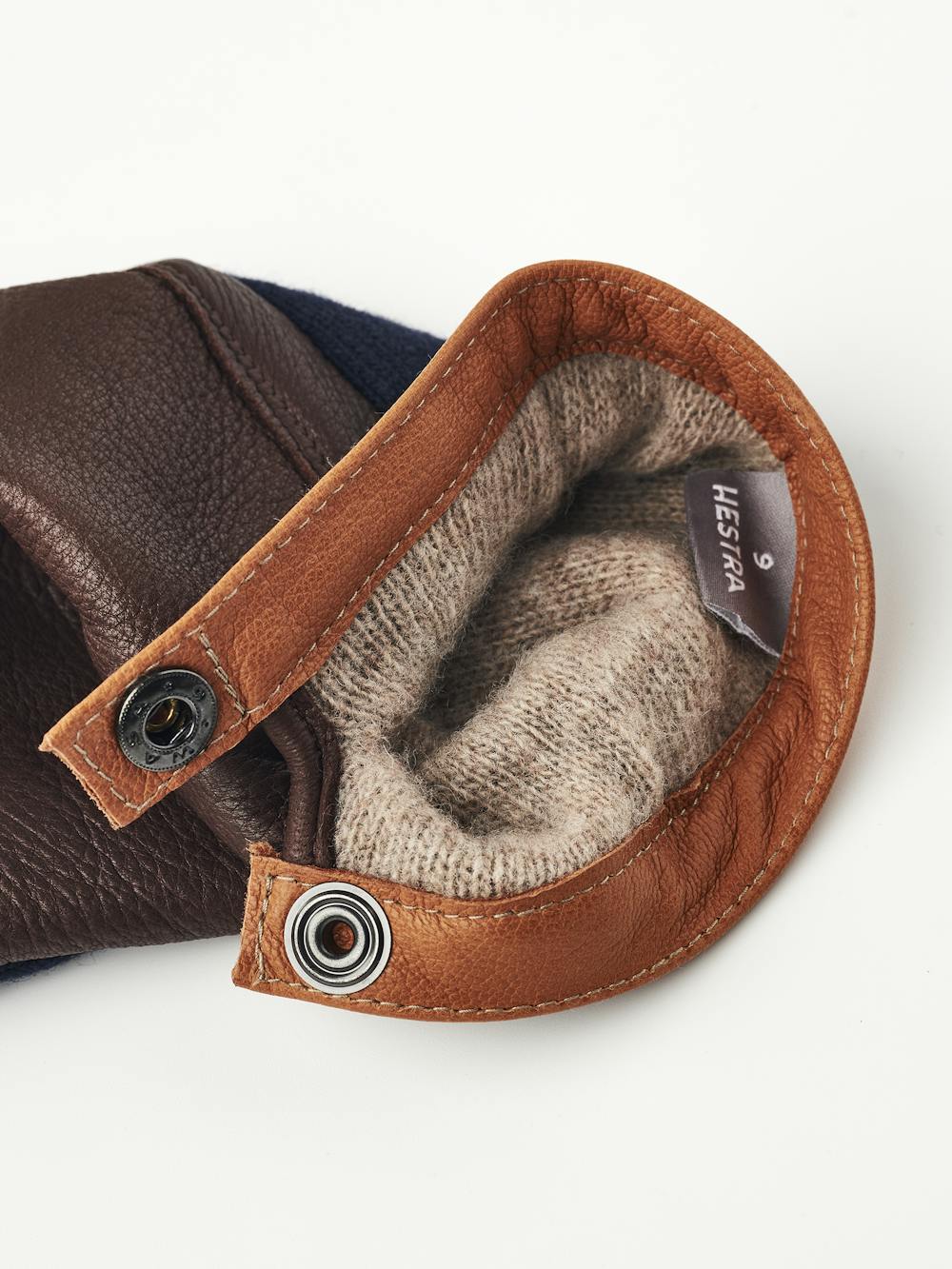 Brown machine-sewn deerskin glove with dark blue wool jersey back
 (2 of 6)