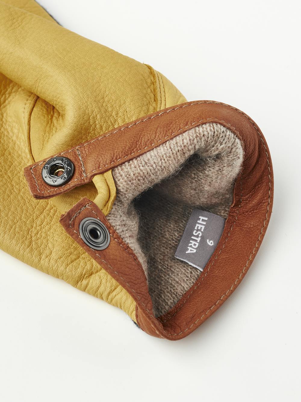 Yellow machine-sewn deerskin glove with dark gray wool jersey back
(2 of 6)