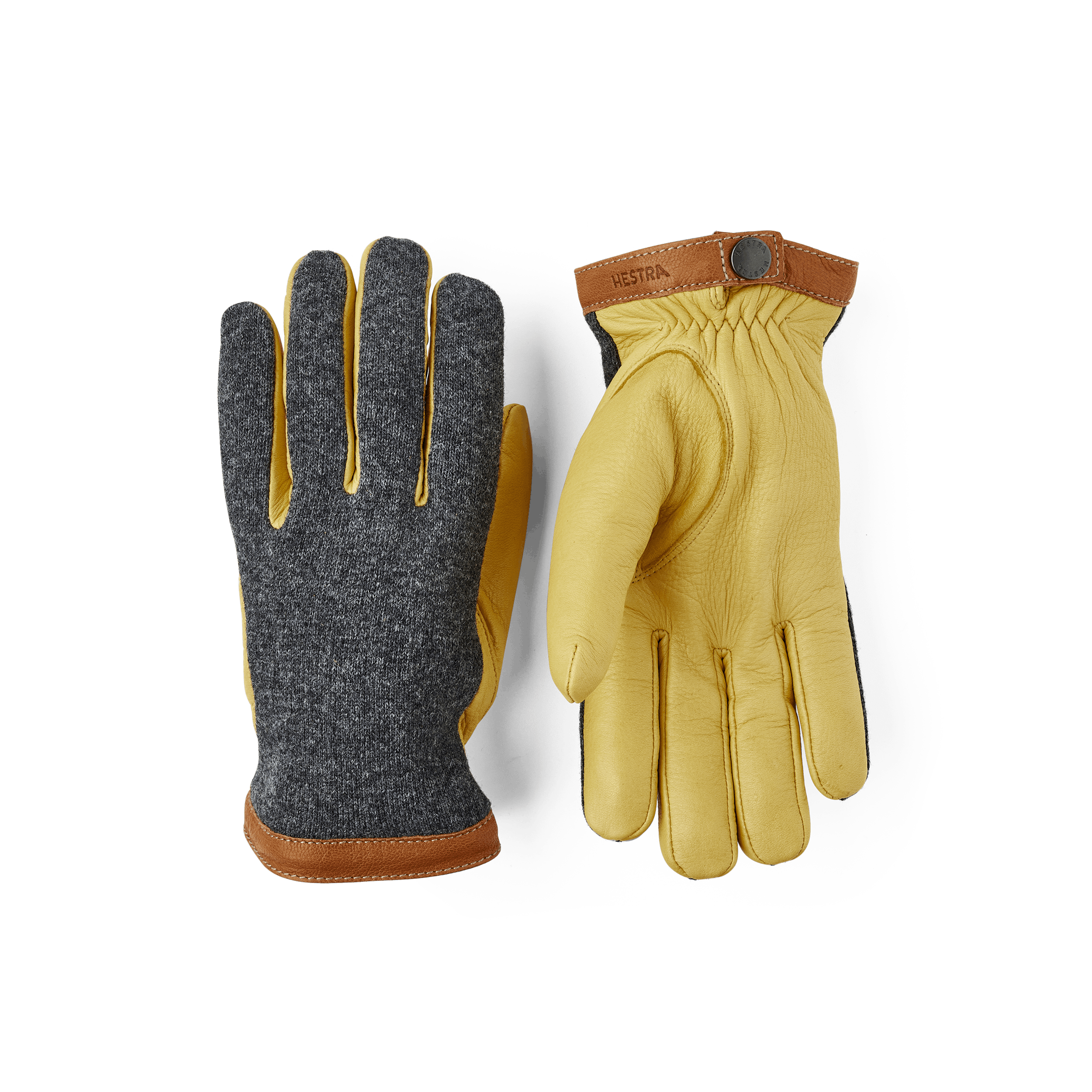 Yellow machine-sewn deerskin glove with dark gray wool jersey back
(1 of 6)