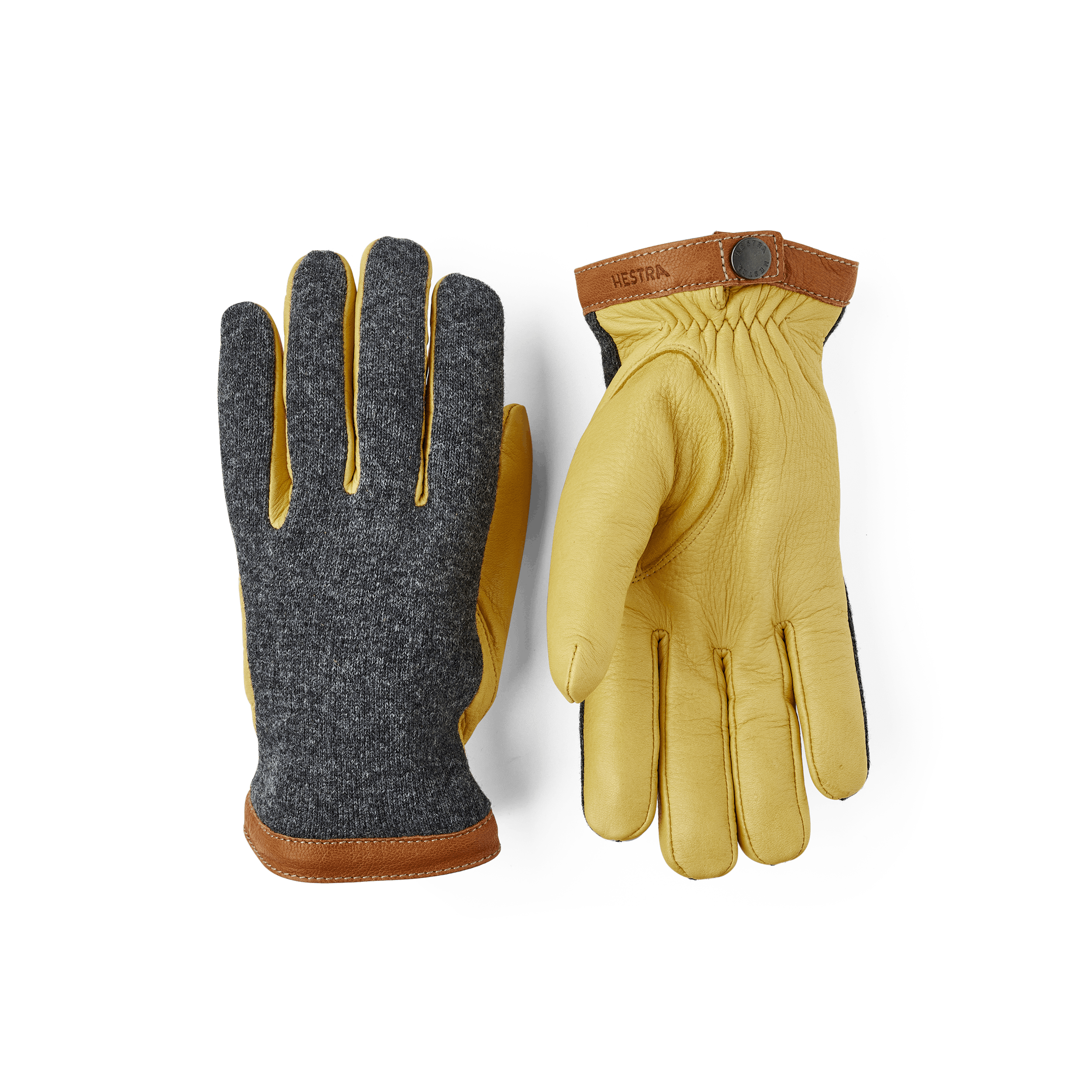 Yellow machine-sewn deerskin glove with dark gray wool jersey back
 (1 of 6)