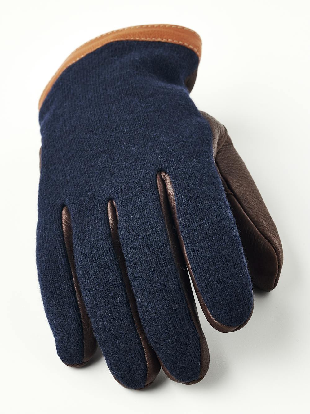 Brown machine-sewn deerskin glove with dark blue wool jersey back
 (6 of 6)