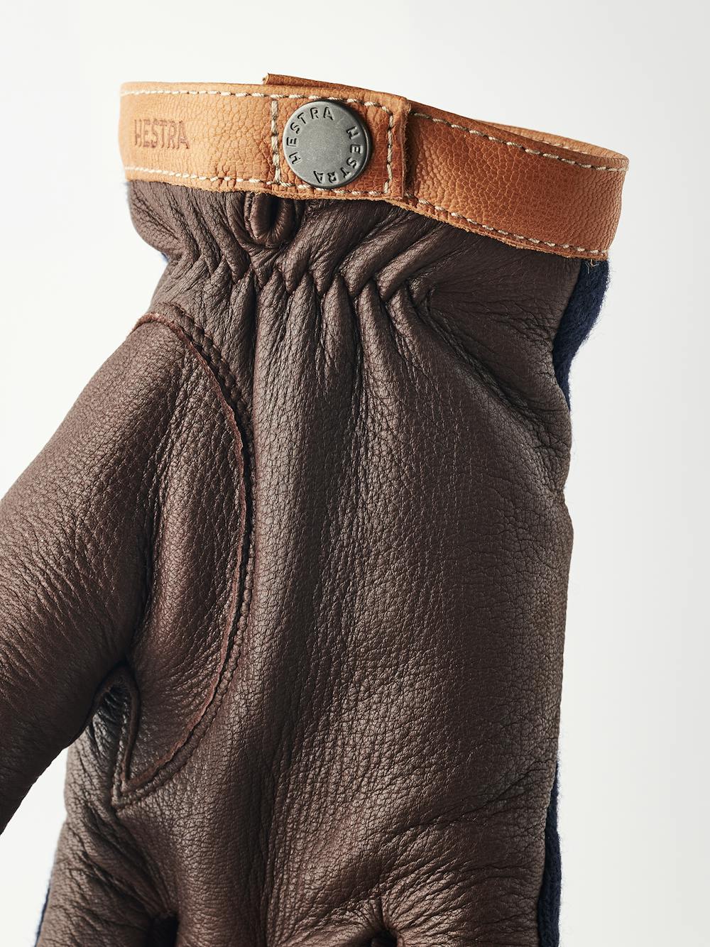 Brown machine-sewn deerskin glove with dark blue wool jersey back
 (3 of 6)