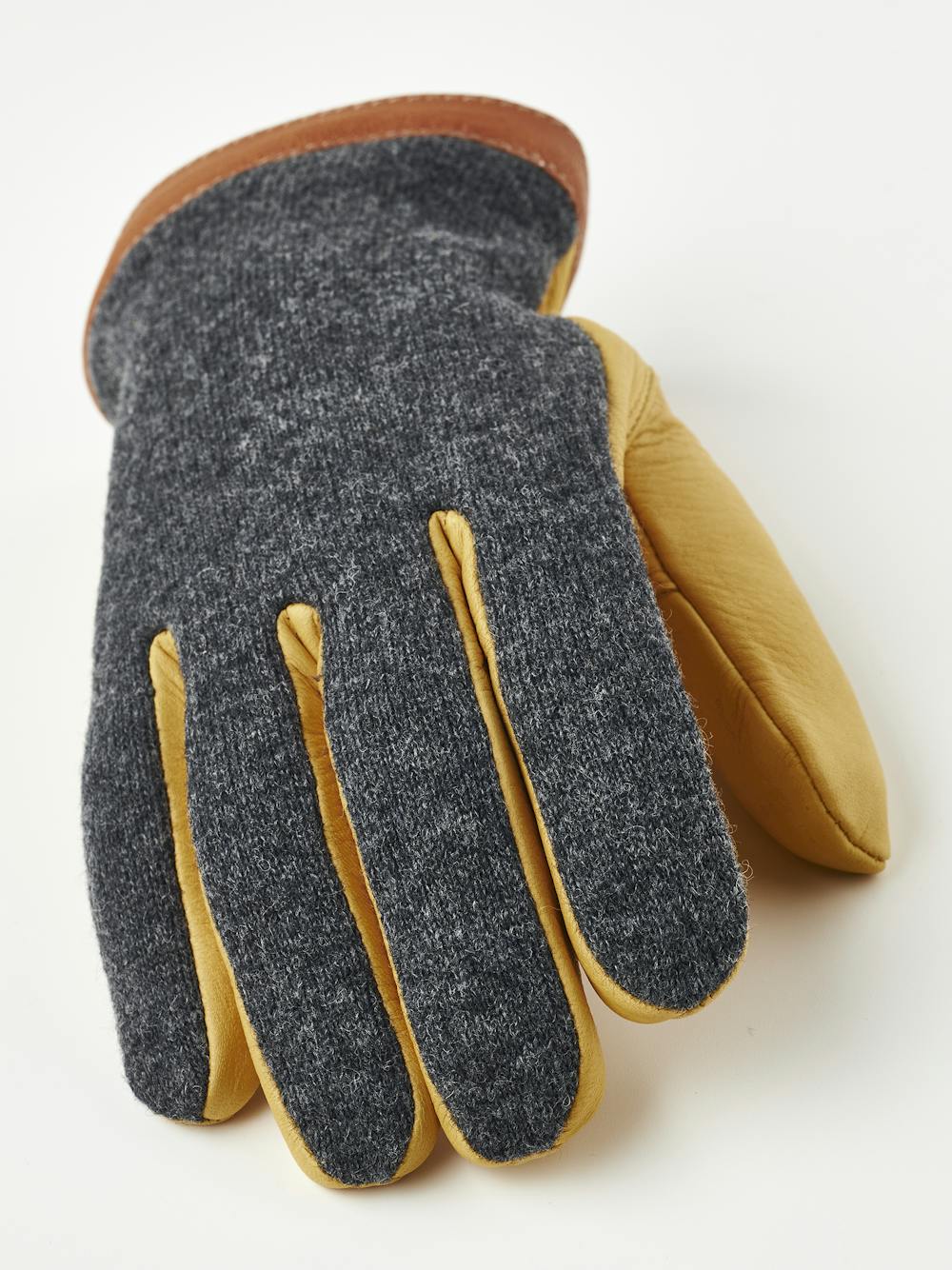 Yellow machine-sewn deerskin glove with dark gray wool jersey back
(5 of 6)