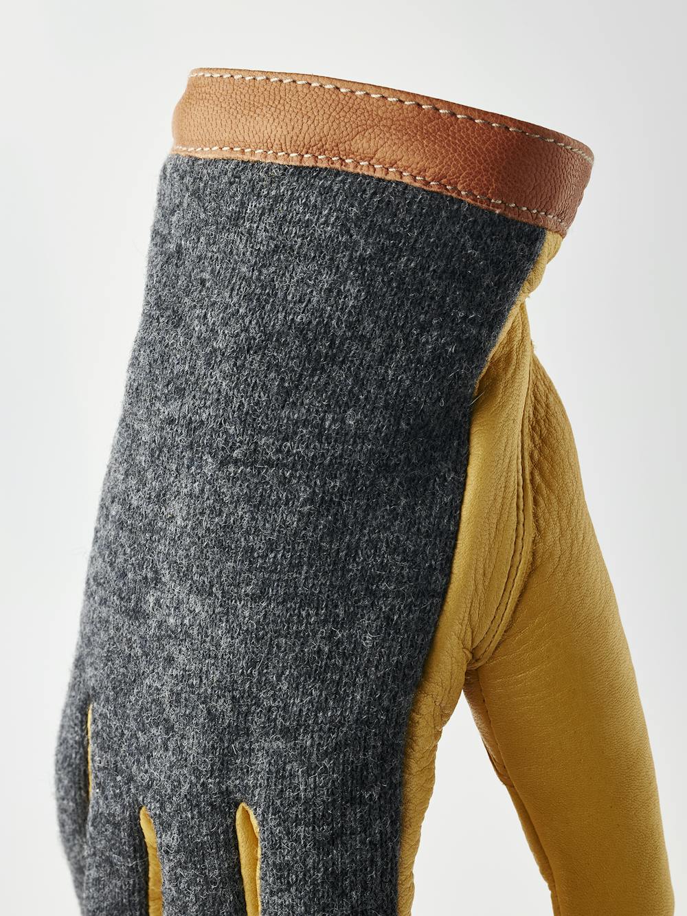 Yellow machine-sewn deerskin glove with dark gray wool jersey back
 (6 of 6)