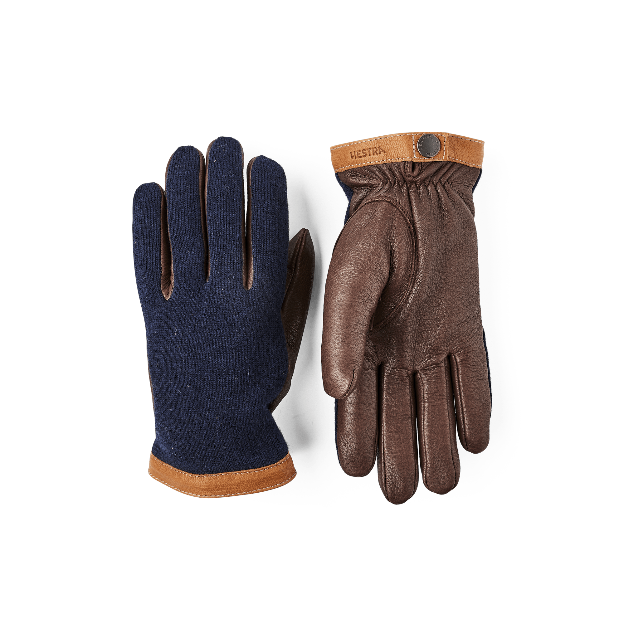 Brown machine-sewn deerskin glove with dark blue wool jersey back
(1 of 6)