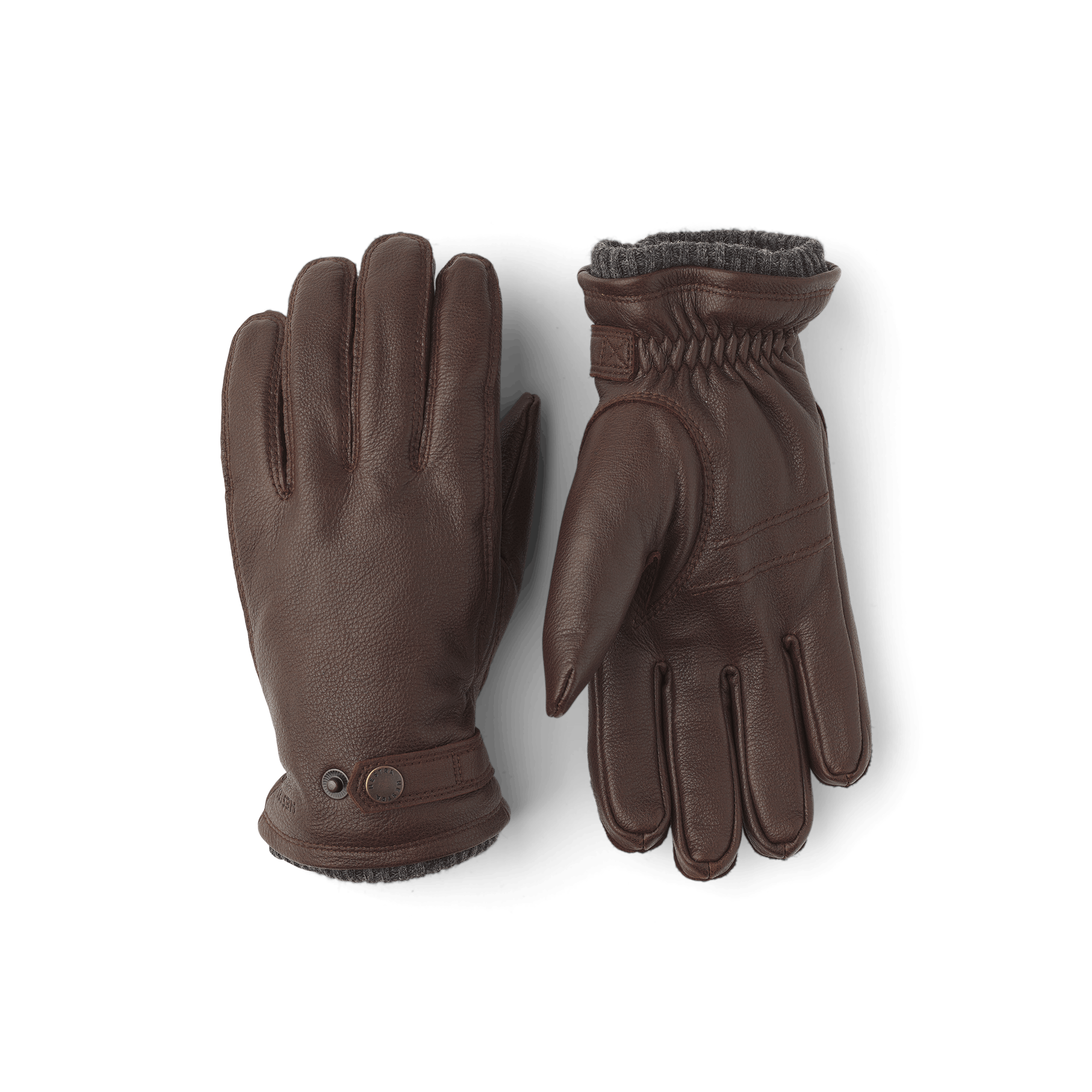 Dark brown machine-sewn elk leather glove with leather strap and button
 (1 of 3)