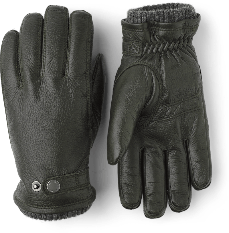 Dark green machine-sewn elk leather glove with leather strap and button
 (1 of 3)