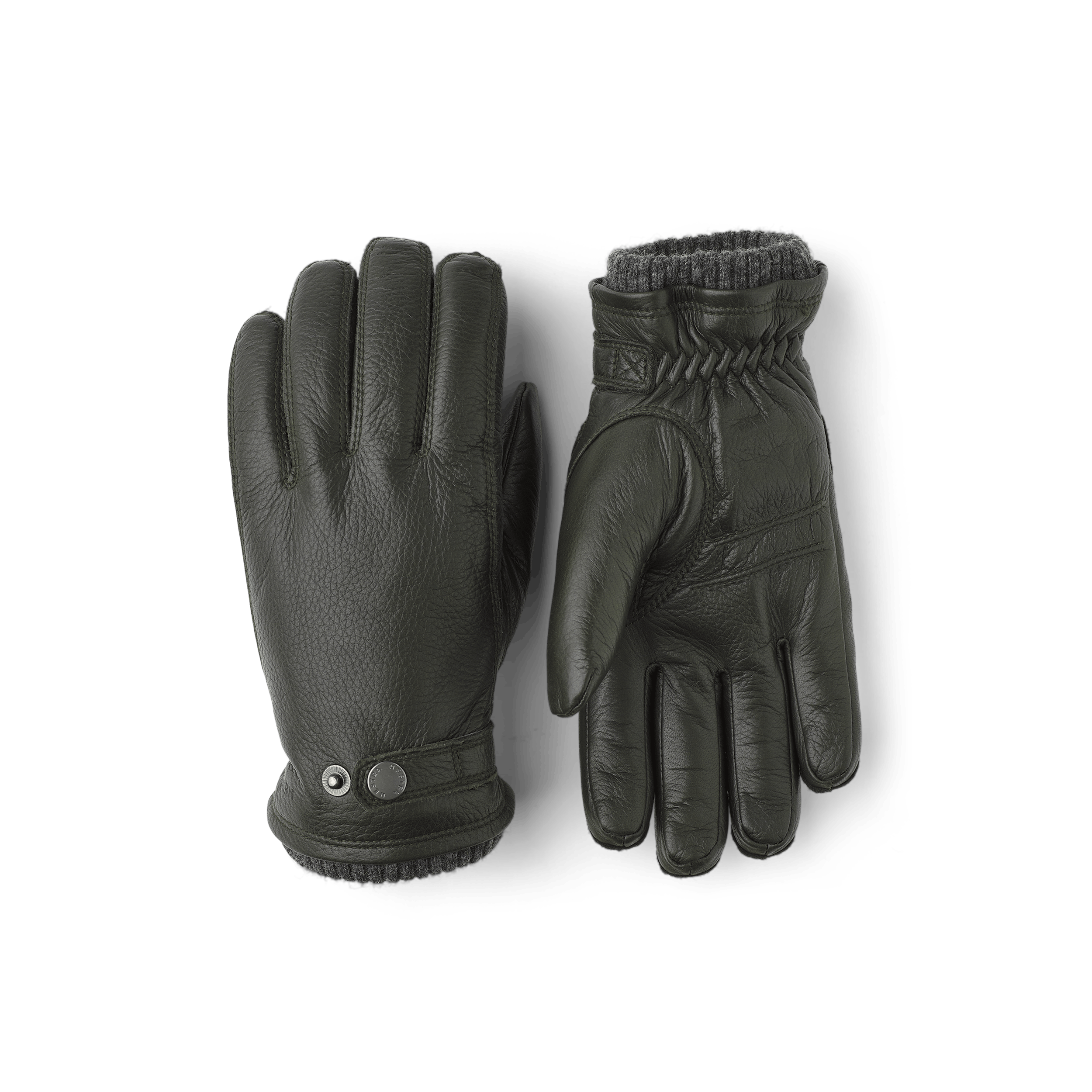 Dark green machine-sewn elk leather glove with leather strap and button
(1 of 3)