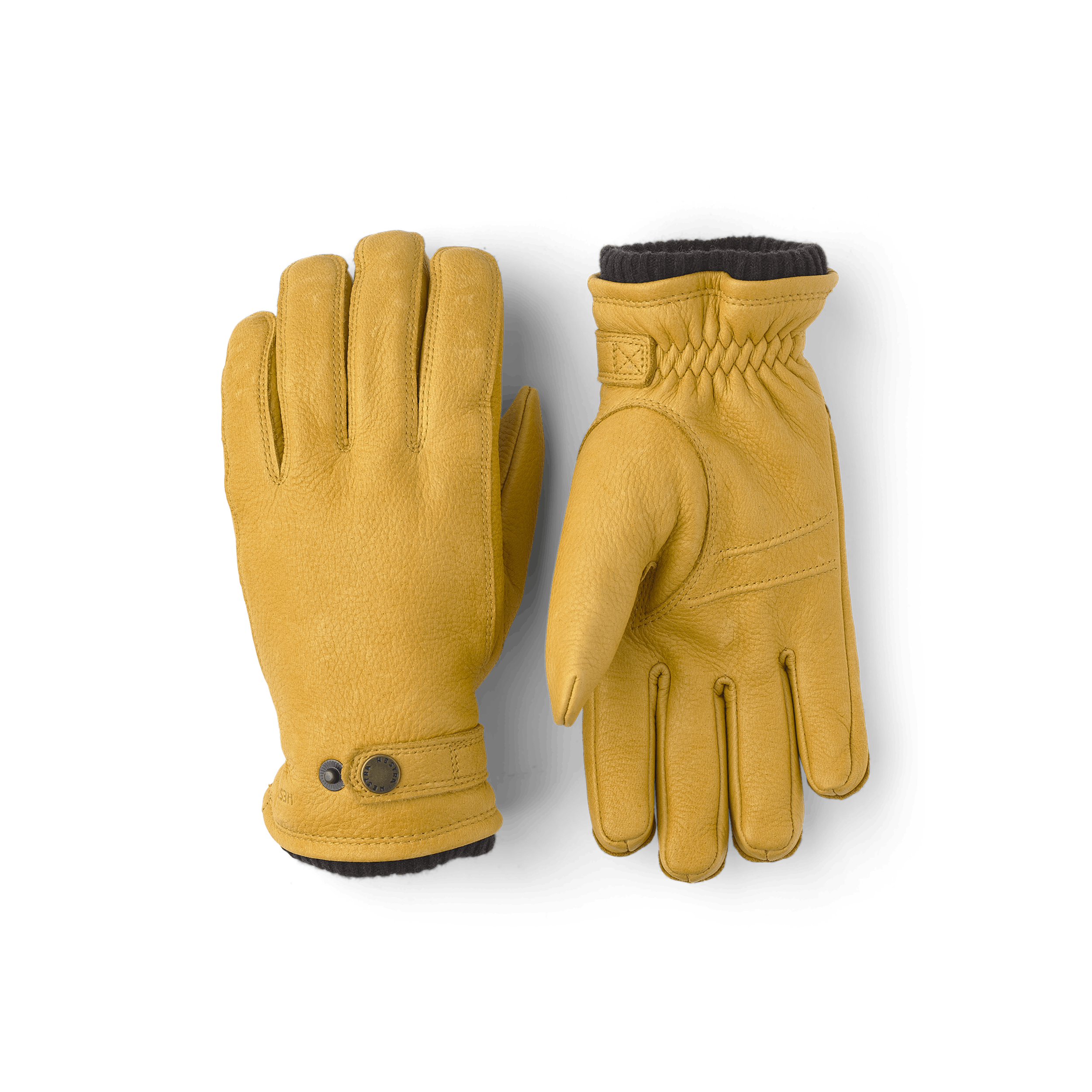 Yellow machine-sewn elk leather glove with leather strap and button
(1 of 3)