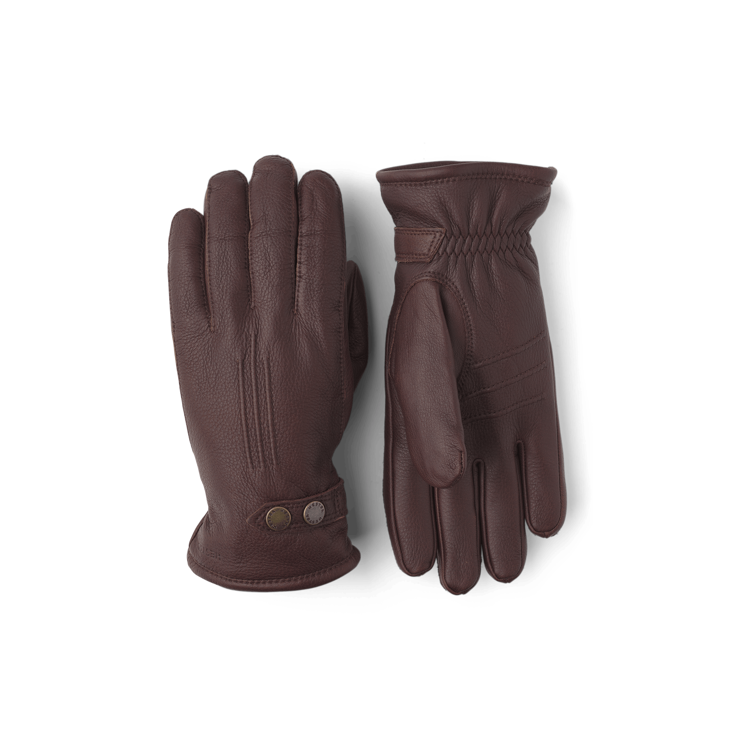 Dark brown machine-sewn elk leather glove with leather strap and button
(1 of 5)