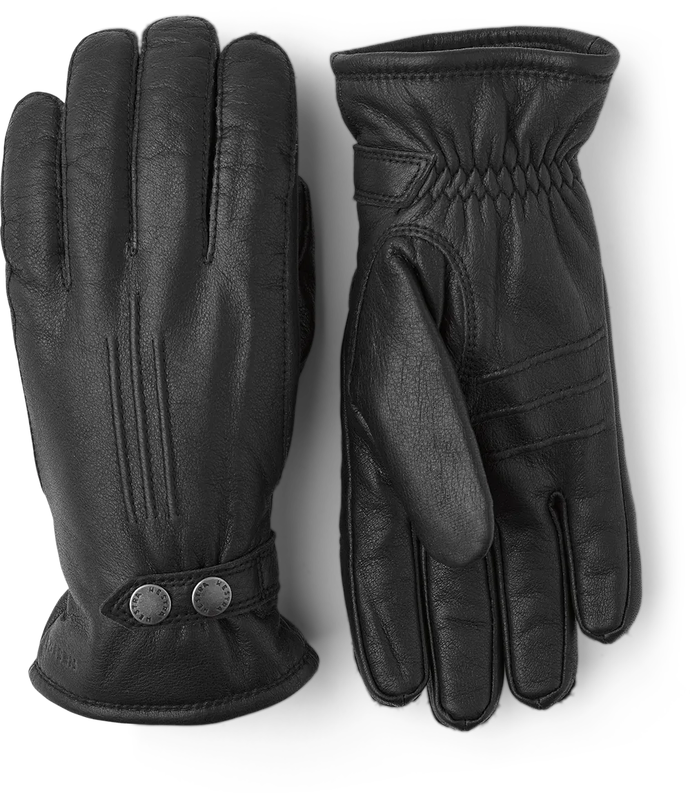 Black machine-sewn elk leather glove with leather strap and button
 (2 of 6)