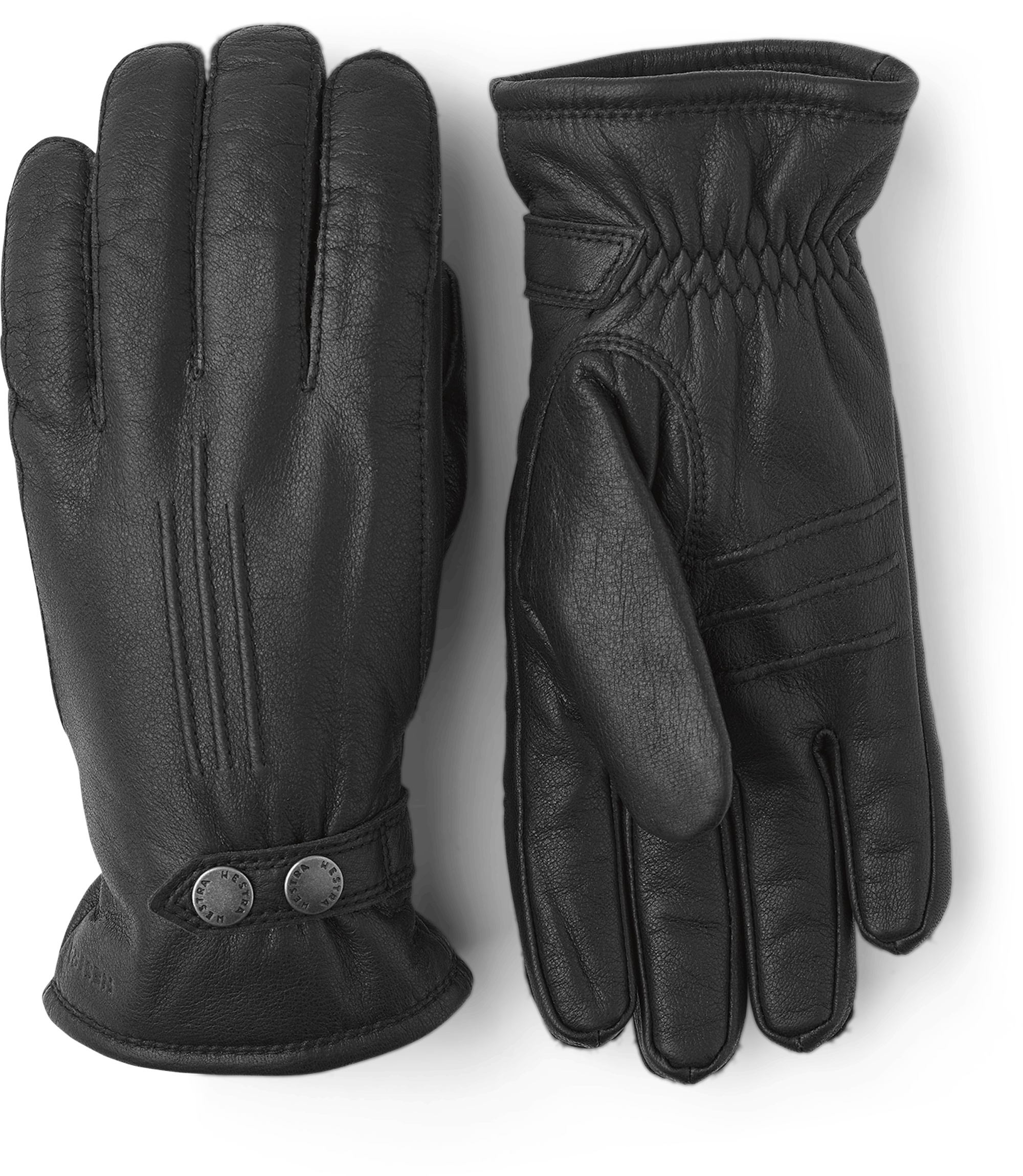 Svart maskinsydd handske i älgskinn med läderrem och knapp
 (1 av 5)