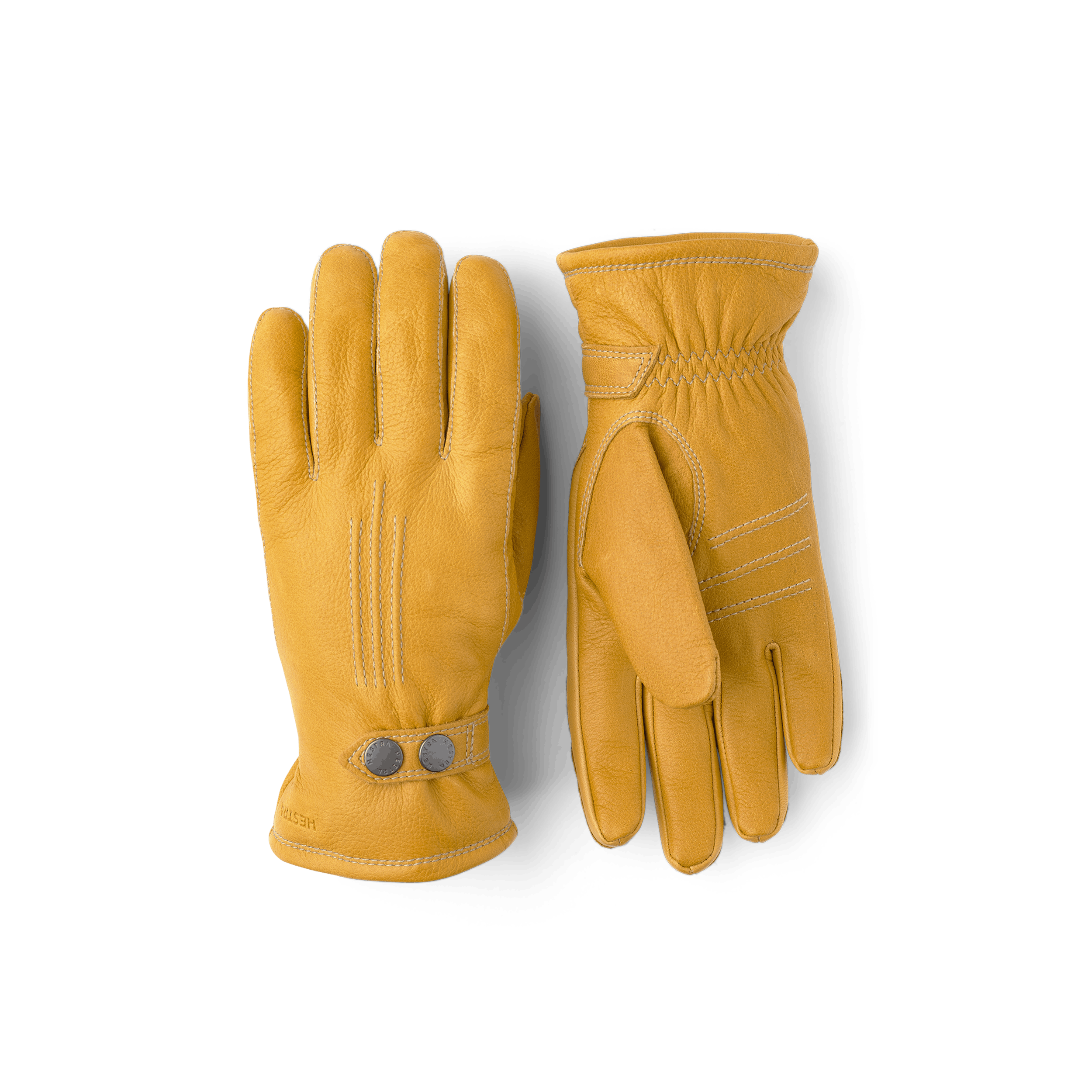 Gul maskinsydd handske i älgskinn med läderrem och knapp
 (1 av 5)