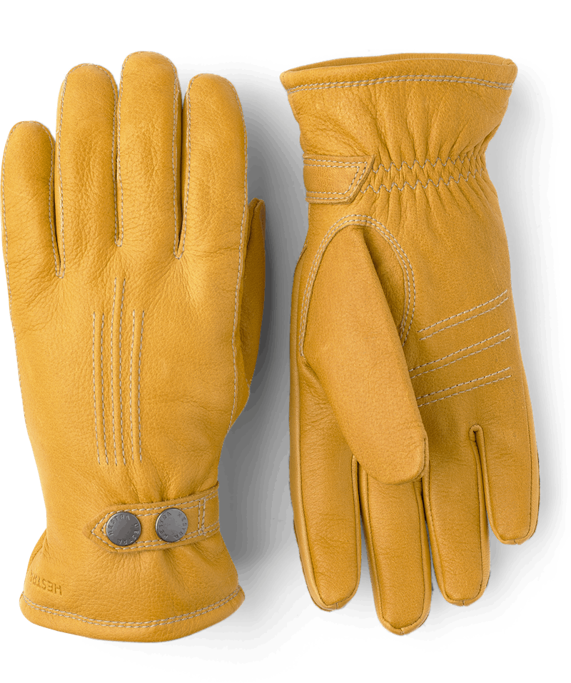 Yellow machine-sewn elk leather glove with leather strap and button
 (1 of 5)