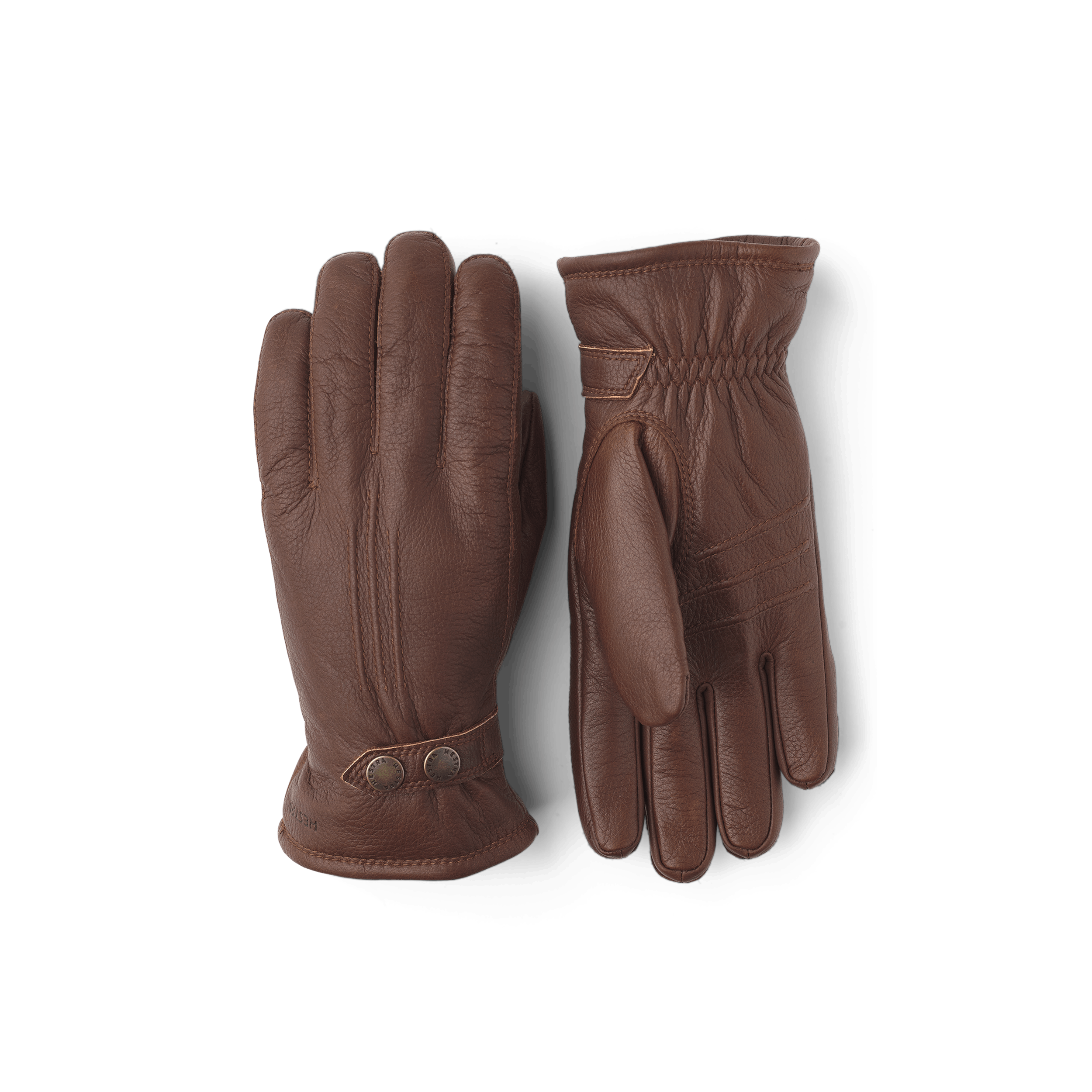 Brauner maschinengenähter Handschuh aus Elchleder mit Lederriegel und Knopf
 (1 oder 5)