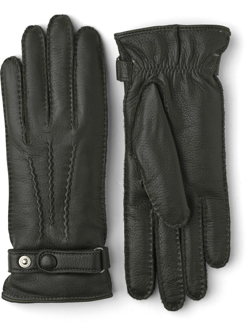 Dark green hand-sewn elk leather glove with leather strap and button
 (1 of 5)
