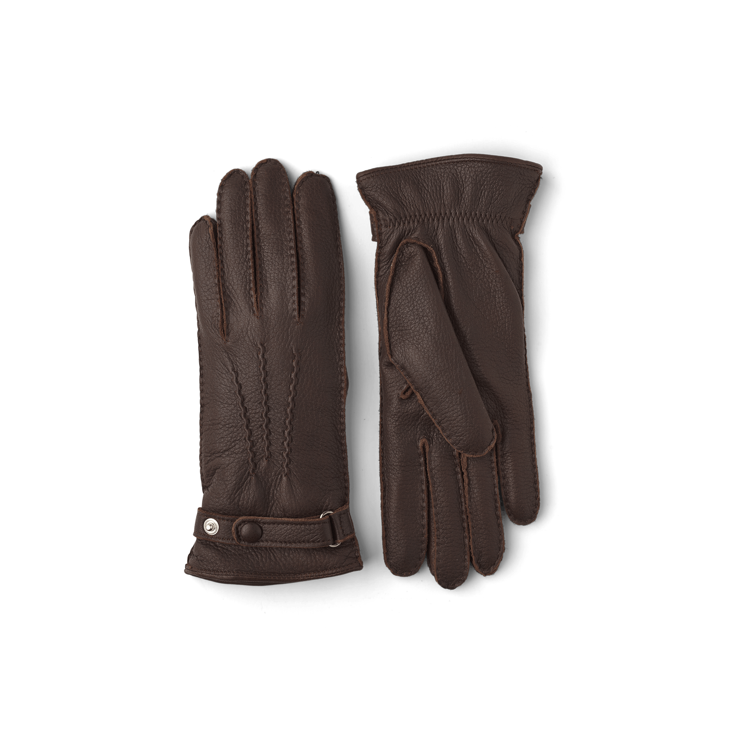 Mörkbrun handsydd handske i älgskinn med läderrem och knapp
(1 av 5)