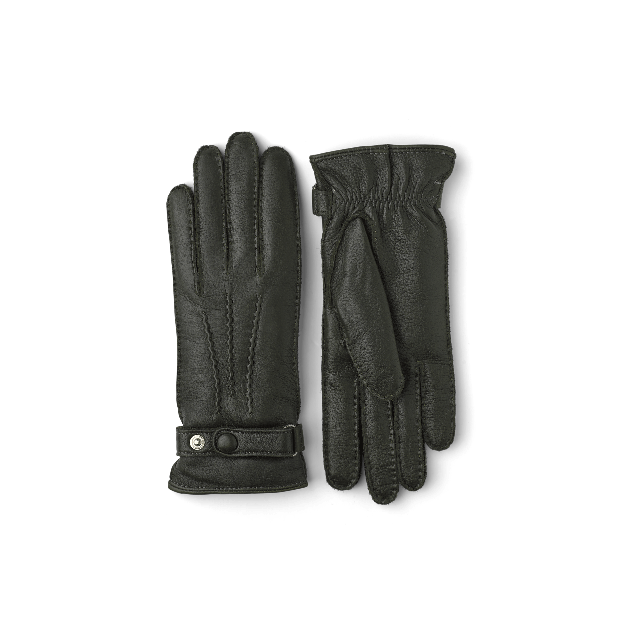 Dark green hand-sewn elk leather glove with leather strap and button
 (1 of 5)