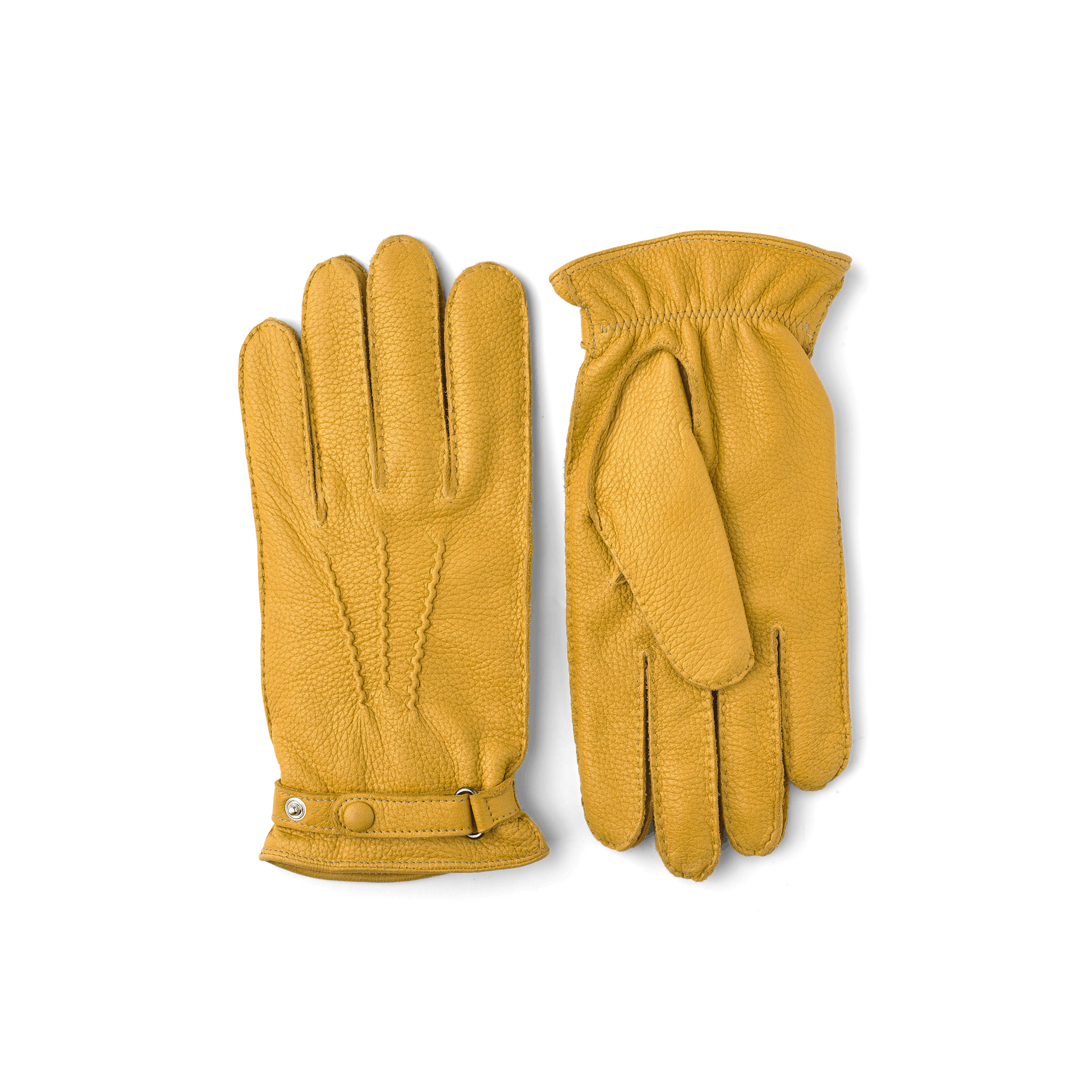 Yellow hand-sewn elk leather glove with leather strap and button
 (1 of 5)