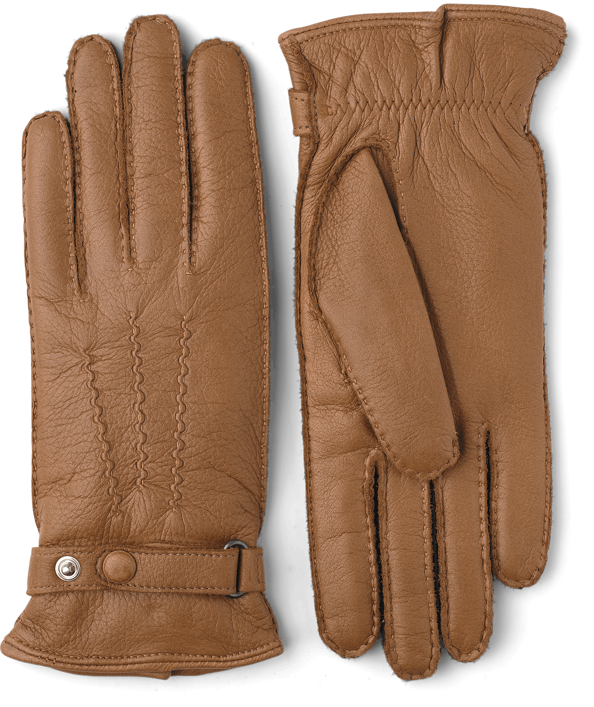 Hellbrauner handgenähter Handschuh aus Elchleder mit Lederriegel und Knopf
 (1 oder 5)