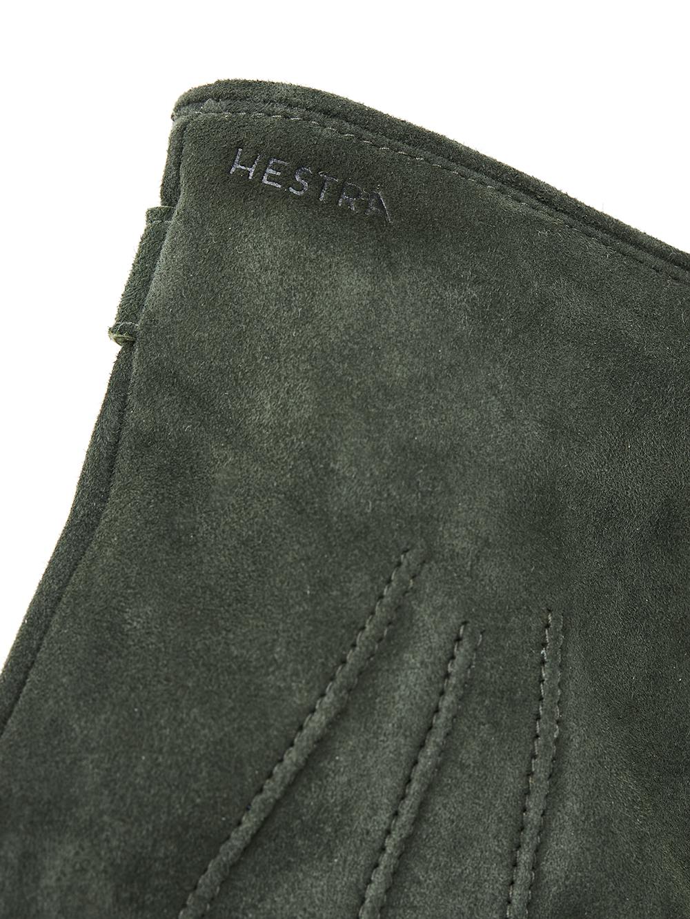 Dark green machine-sewn suede glove with leather strap and button
 (3 of 4)