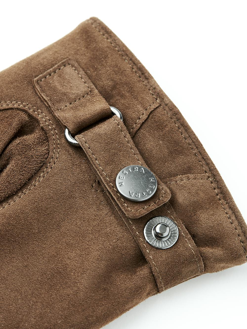 Light brown machine-sewn suede glove with leather strap and button
(2 of 4)