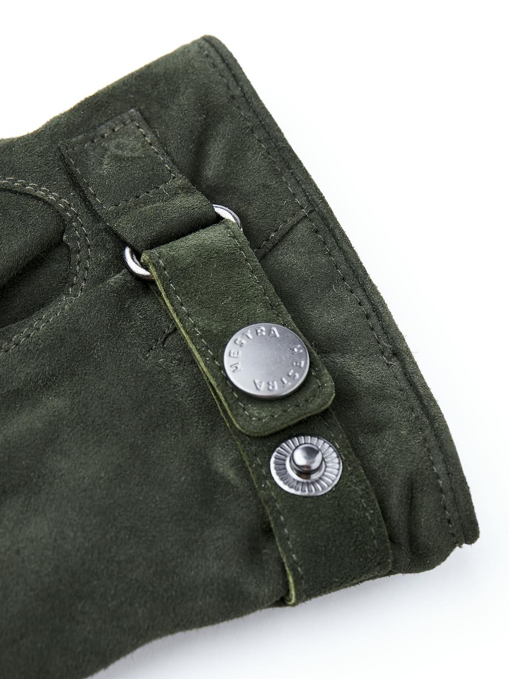 Dark green machine-sewn suede glove with leather strap and button
 (2 of 4)