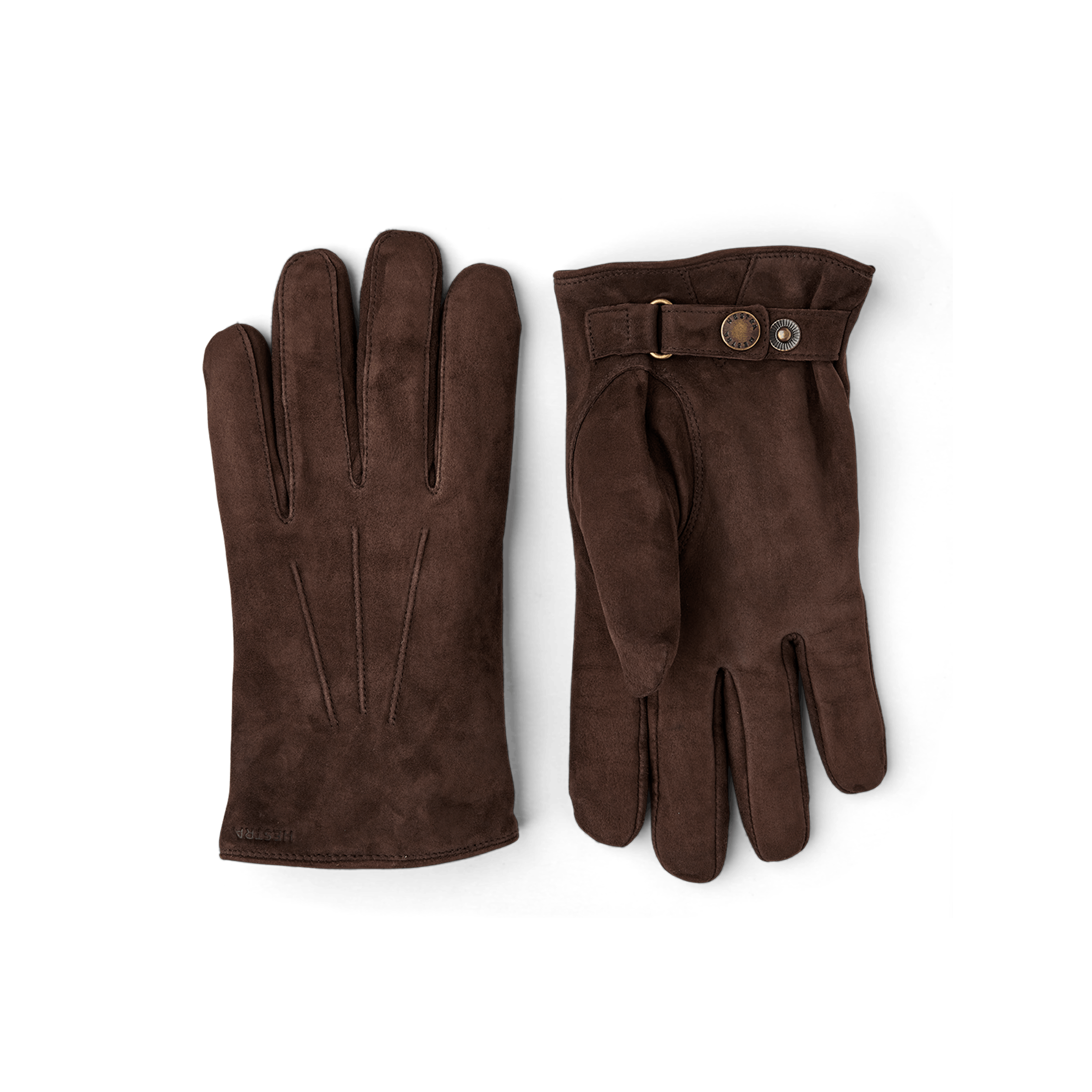 Dunkelbrauner maschinengenähter Handschuh aus Wildleder mit Lederriegel und Knopf
(1 oder 4)