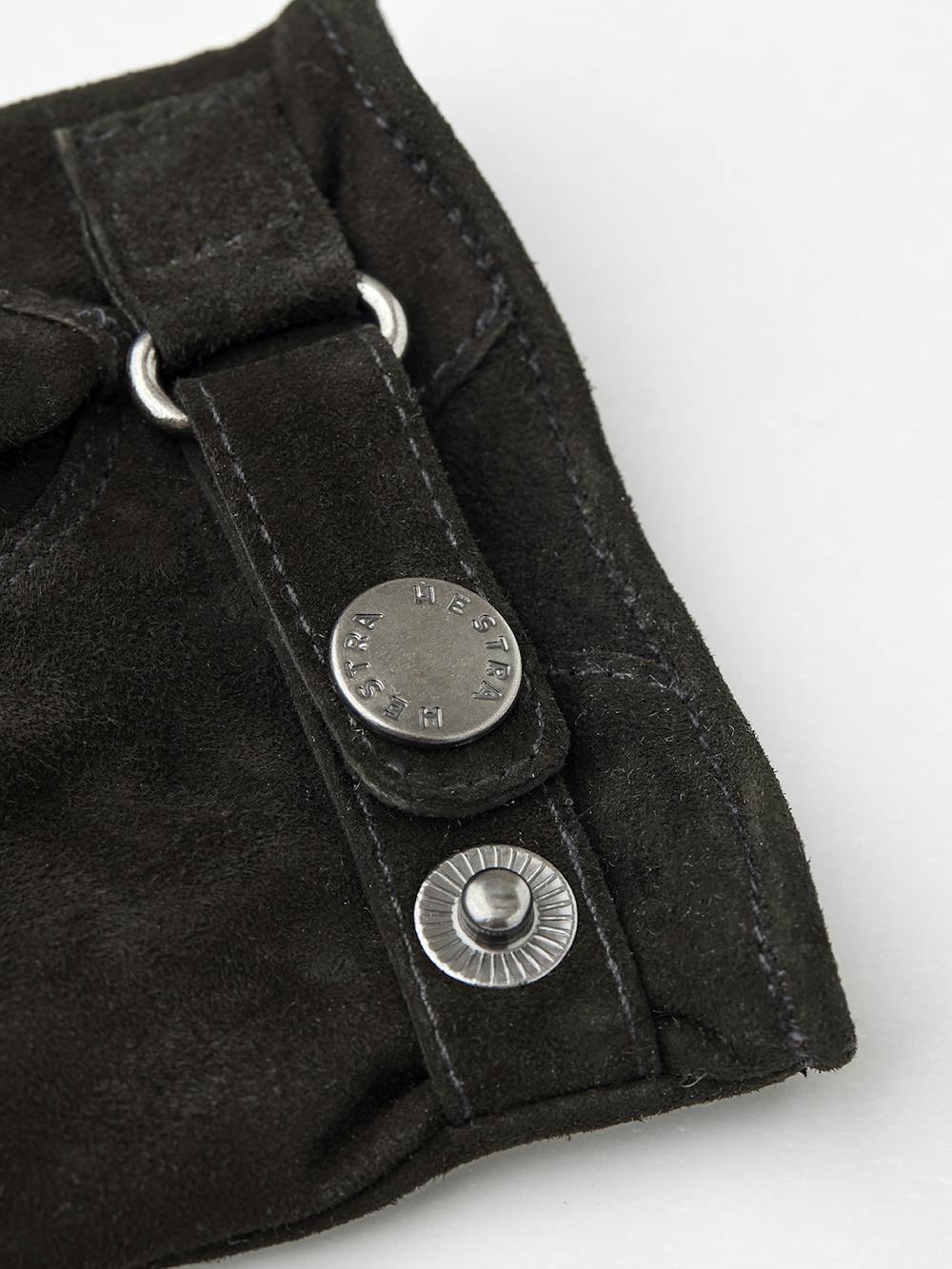Black machine-sewn suede glove with leather strap and button
(4 of 4)