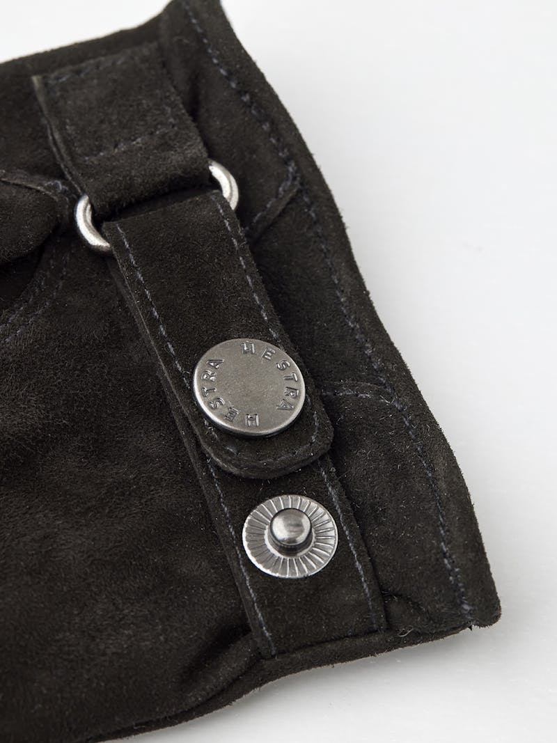 Black machine-sewn suede glove with leather strap and button
 (4 of 4)