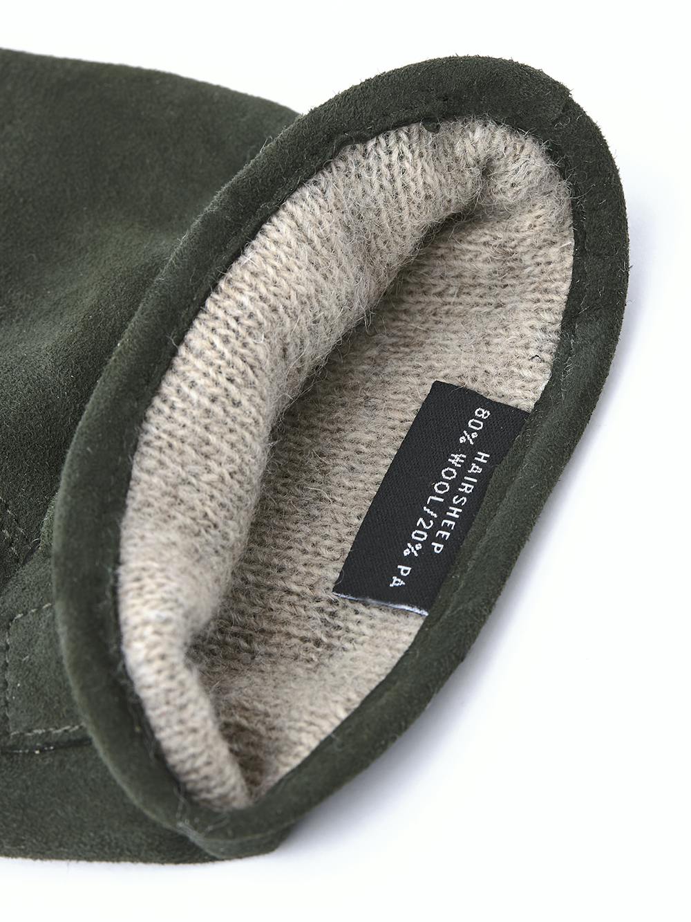 Dark green machine-sewn suede glove with leather strap and button
(4 of 4)