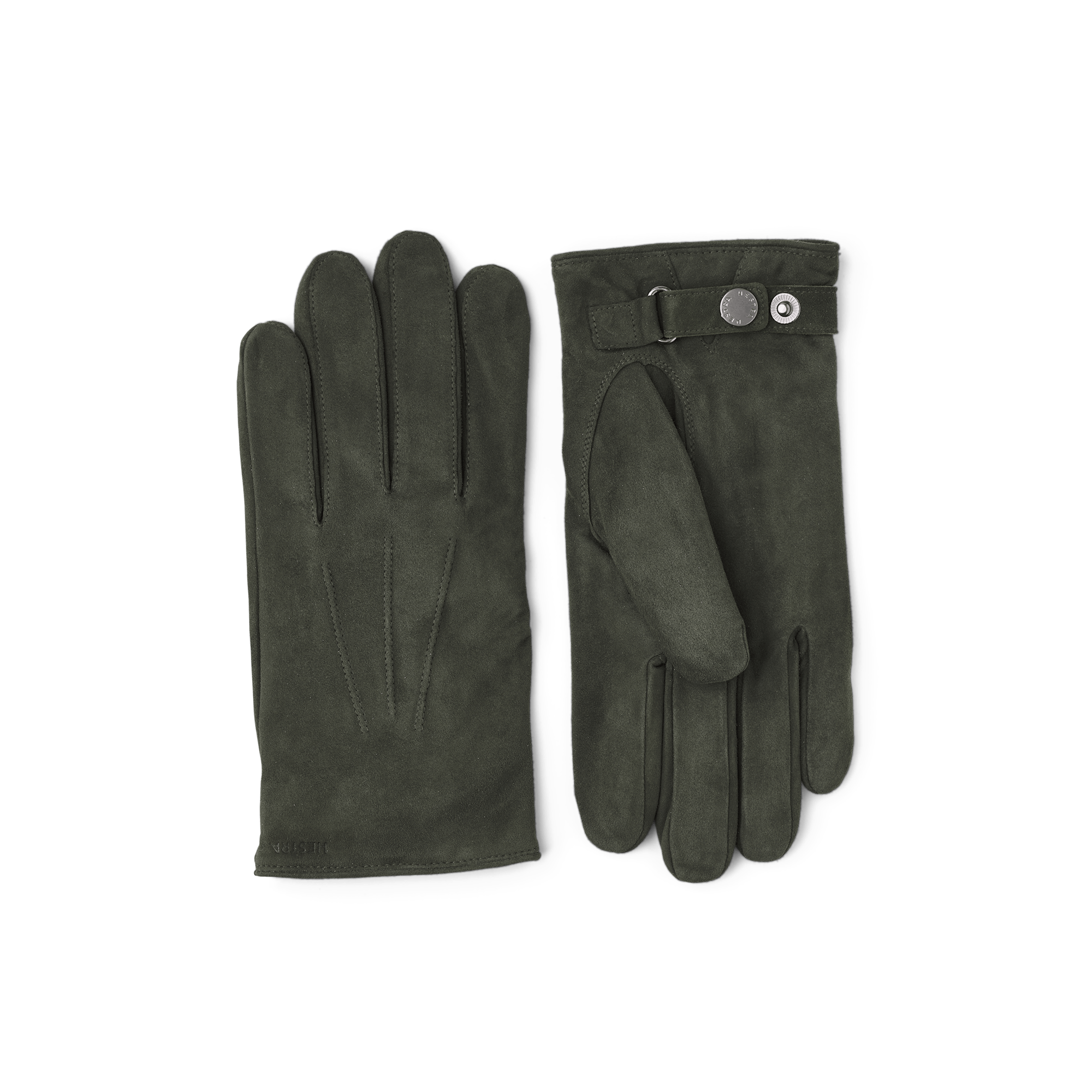 Dark green machine-sewn suede glove with leather strap and button
(1 of 4)