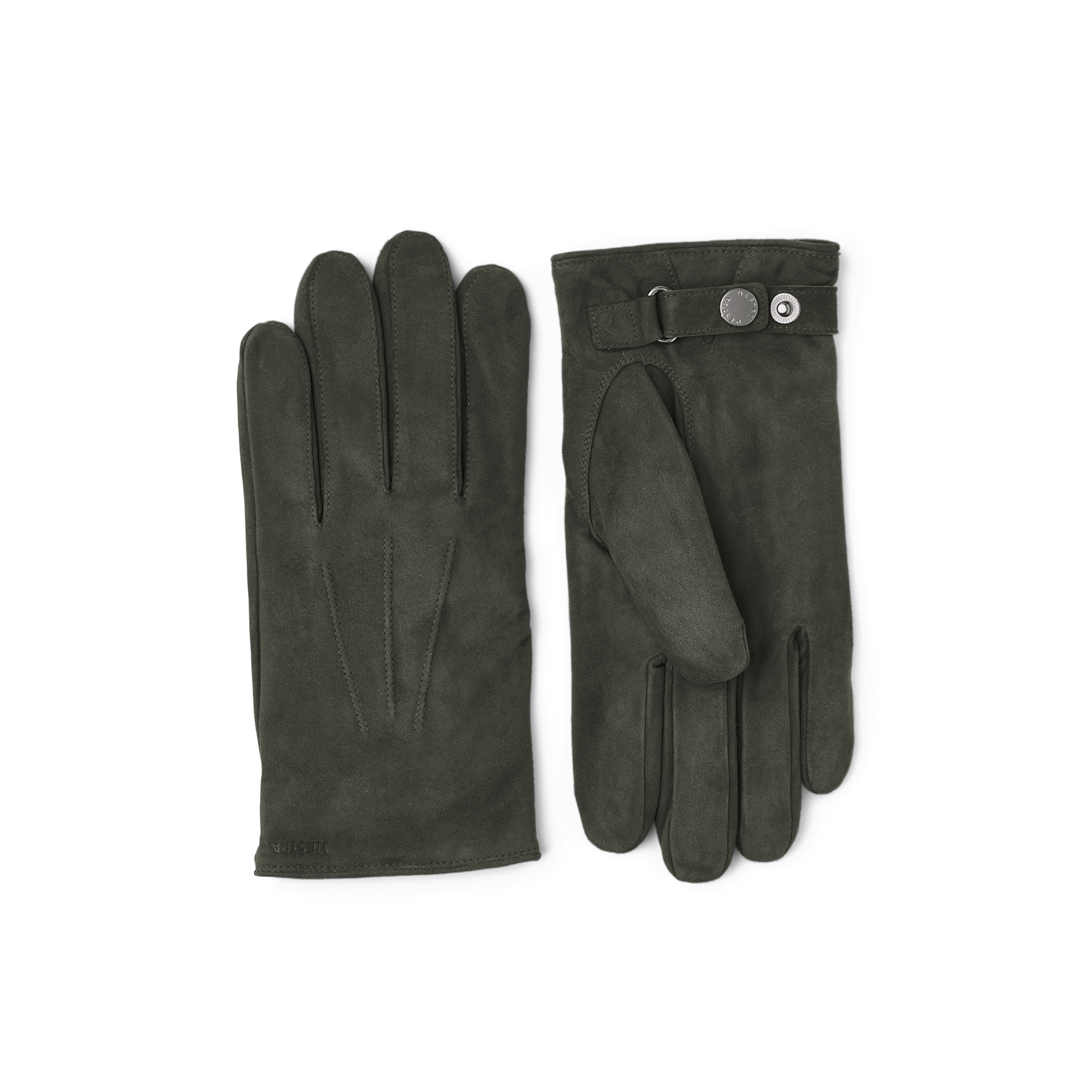 Dark green machine-sewn suede glove with leather strap and button
 (1 of 4)