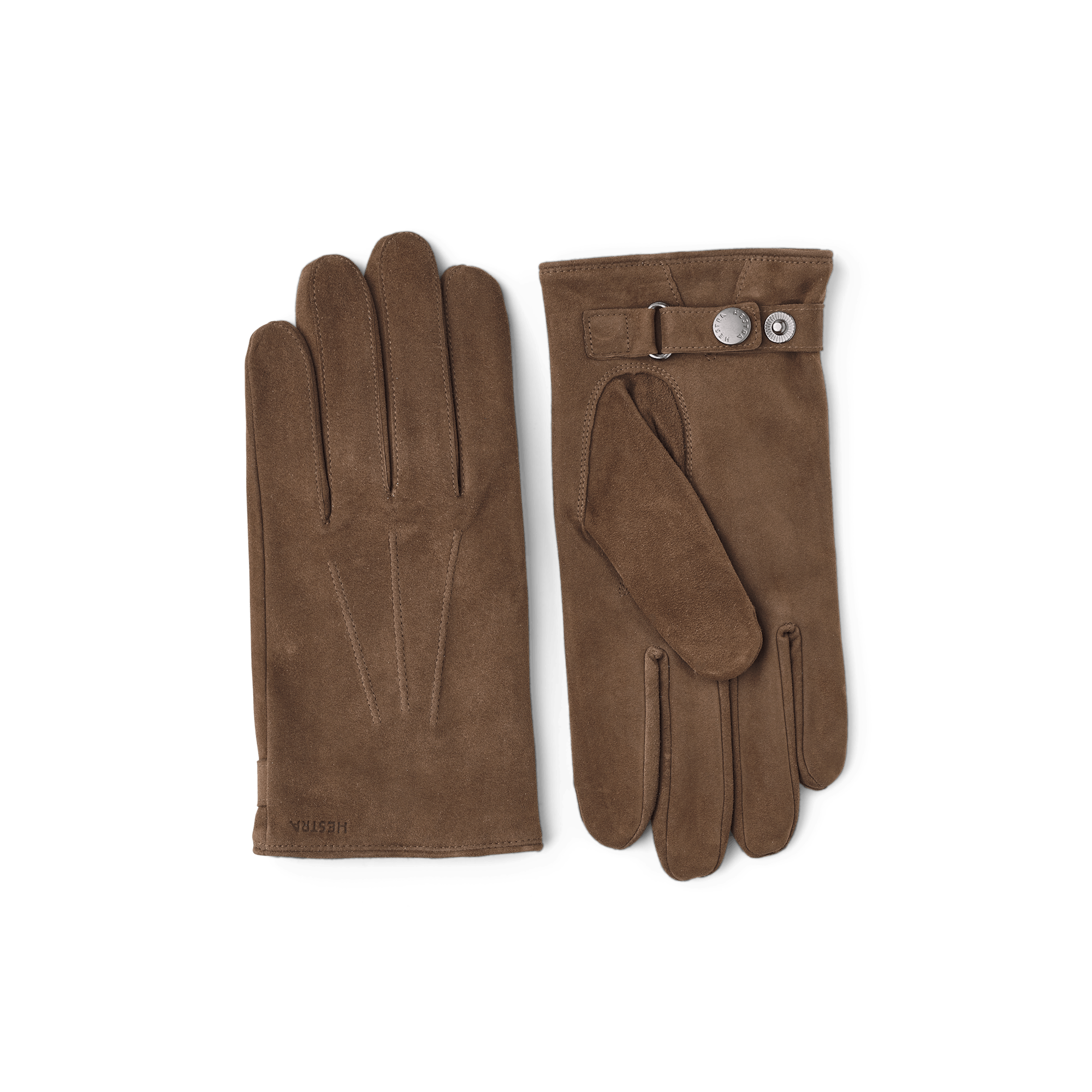 Light brown machine-sewn suede glove with leather strap and button
 (1 of 4)