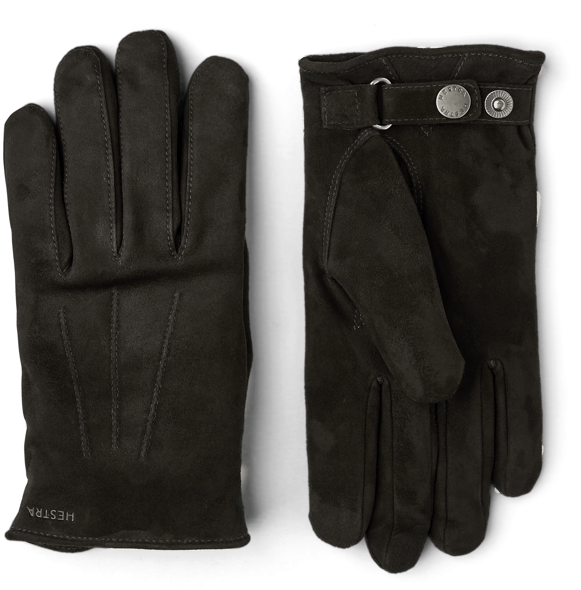 Black machine-sewn suede glove with leather strap and button
(1 of 4)