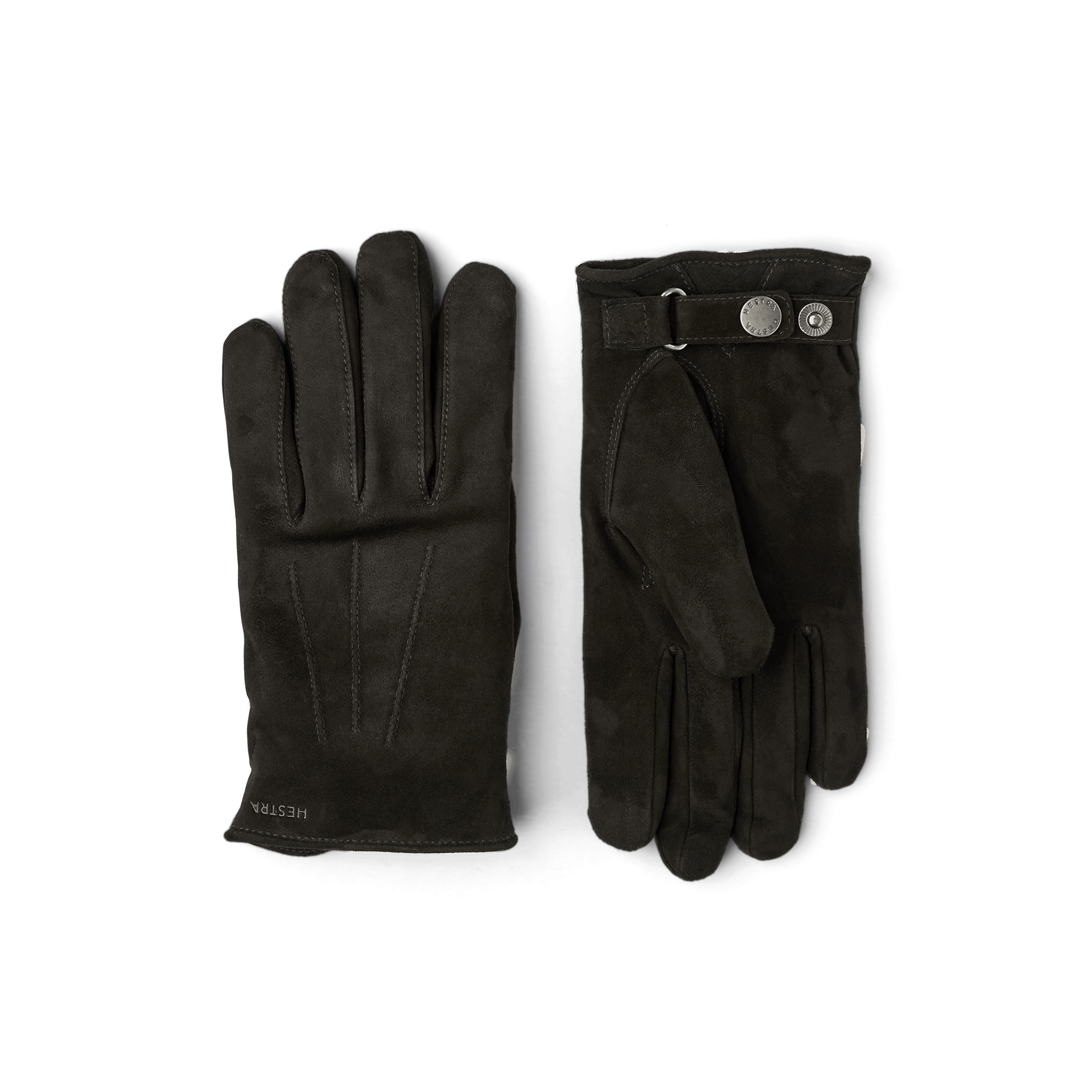 Black machine-sewn suede glove with leather strap and button
 (1 of 4)