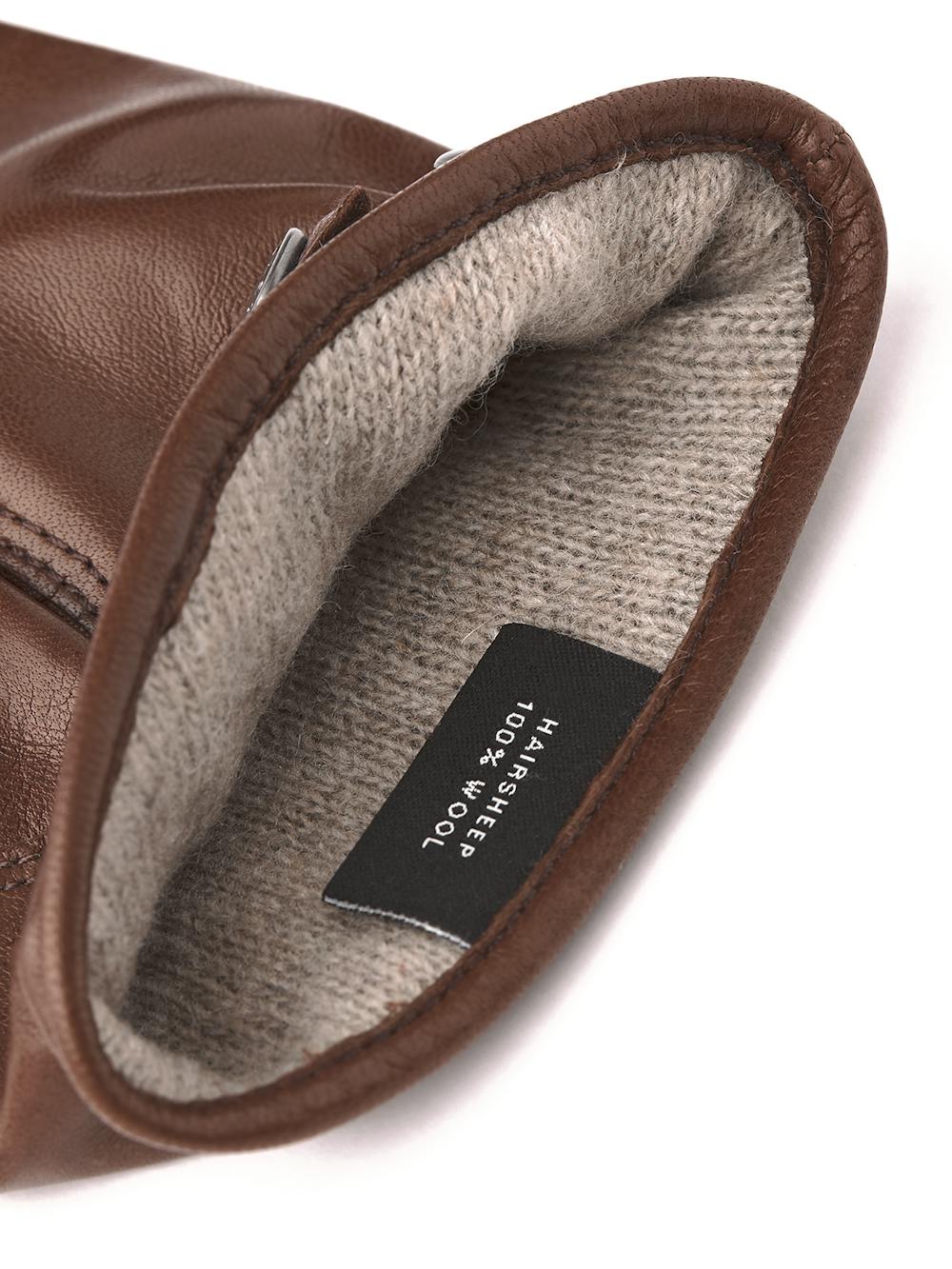 Brown machine-sewn hairsheep leather glove with leather strap and button
 (4 of 4)