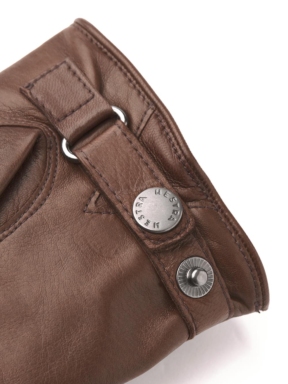 Brown machine-sewn hairsheep leather glove with leather strap and button
 (3 of 4)